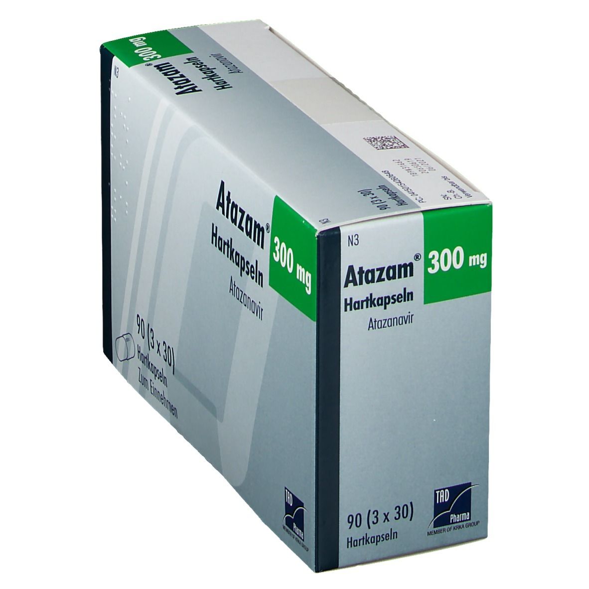 Schräg gestellte Schachtel Atazam® 300 mg. Grün-weiße Verpackung mit Produktnamen, Dosierung und Packungsinhalt: 90 Kapseln.