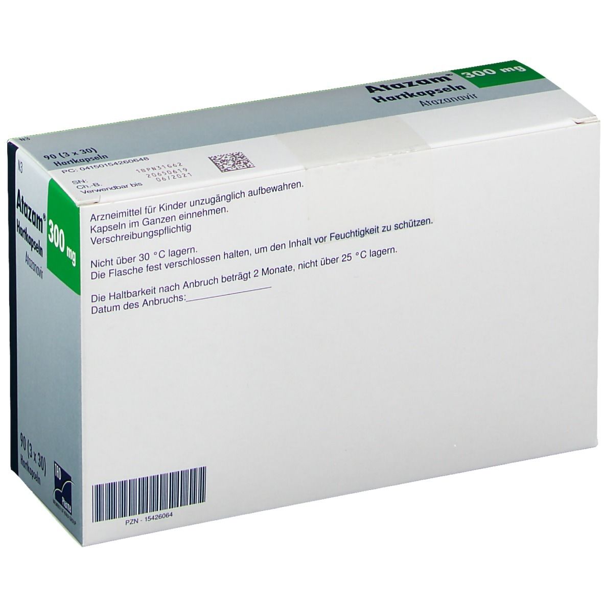 Rückseite der Atazam® 300 mg Schachtel. Textinformationen, grüne Ecke mit Produktnamen und Dosierung. Weiße Verpackung.