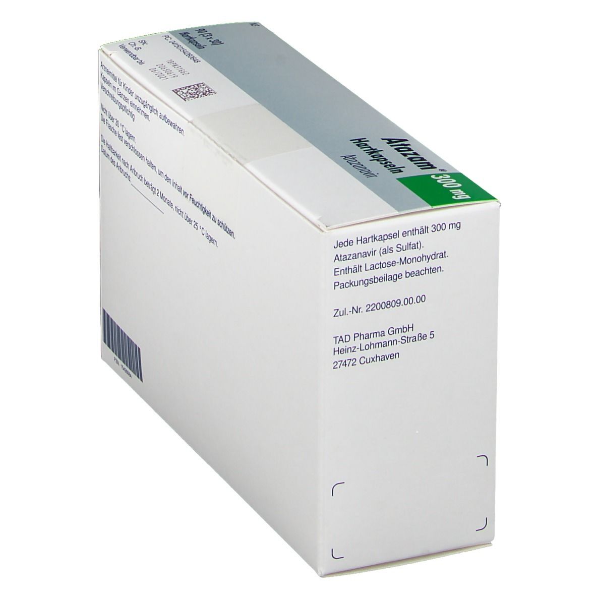 Schachtel Atazam® 300 mg, Seitenansicht. Weiße Verpackung mit Text und grünem Eckbereich mit Produktinformationen.