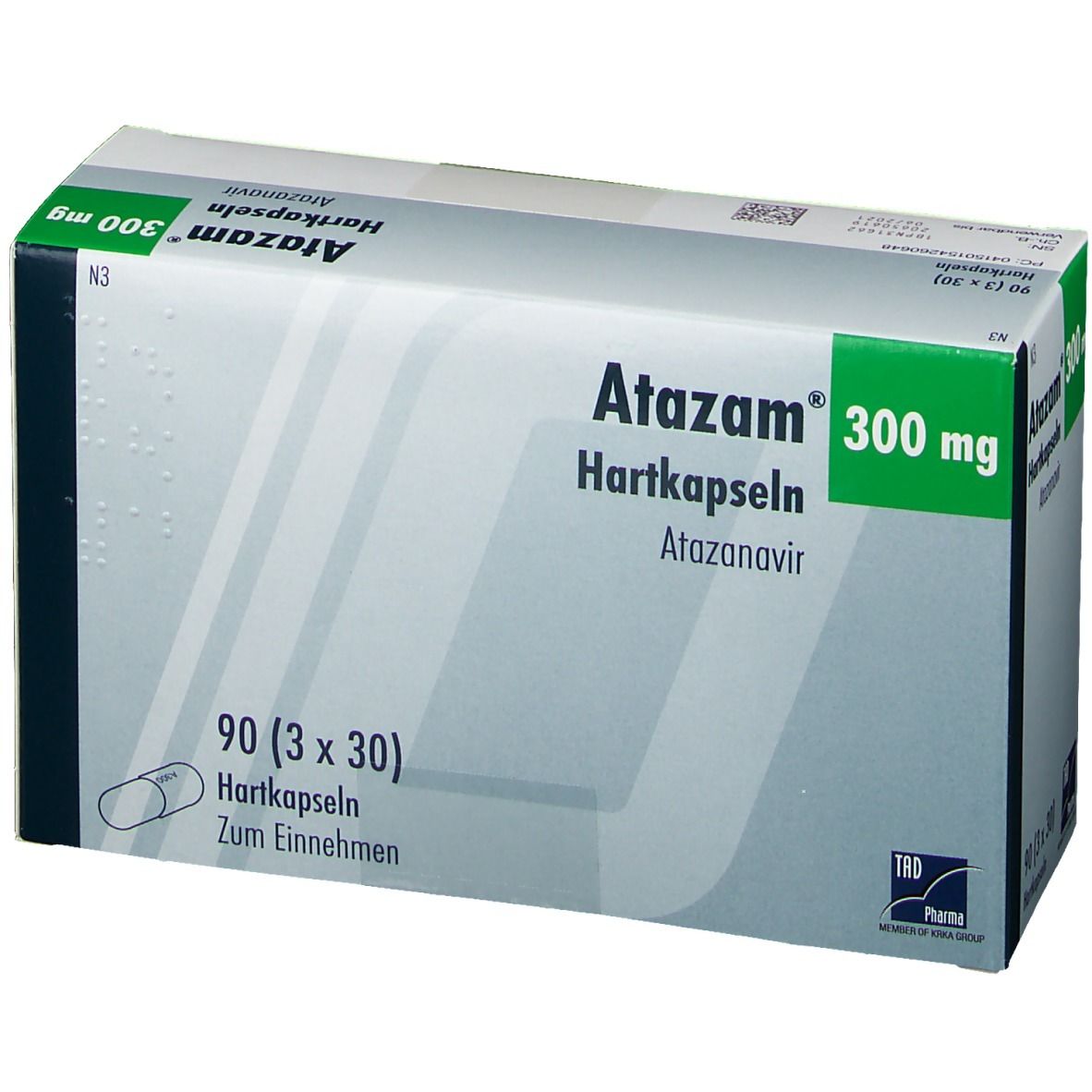 Schachtel Atazam® 300 mg. Grün-weiße Verpackung mit Produktnamen, Dosierung und Packungsinhalt: 90 Kapseln. Ansicht von oben.