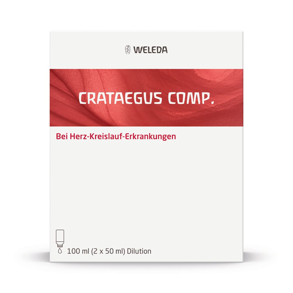 Weiße Schachtel mit rotem Streifen und Aufschrift Crataegus comp. Dilution. Enthält 100 ml (2 x 50 ml).