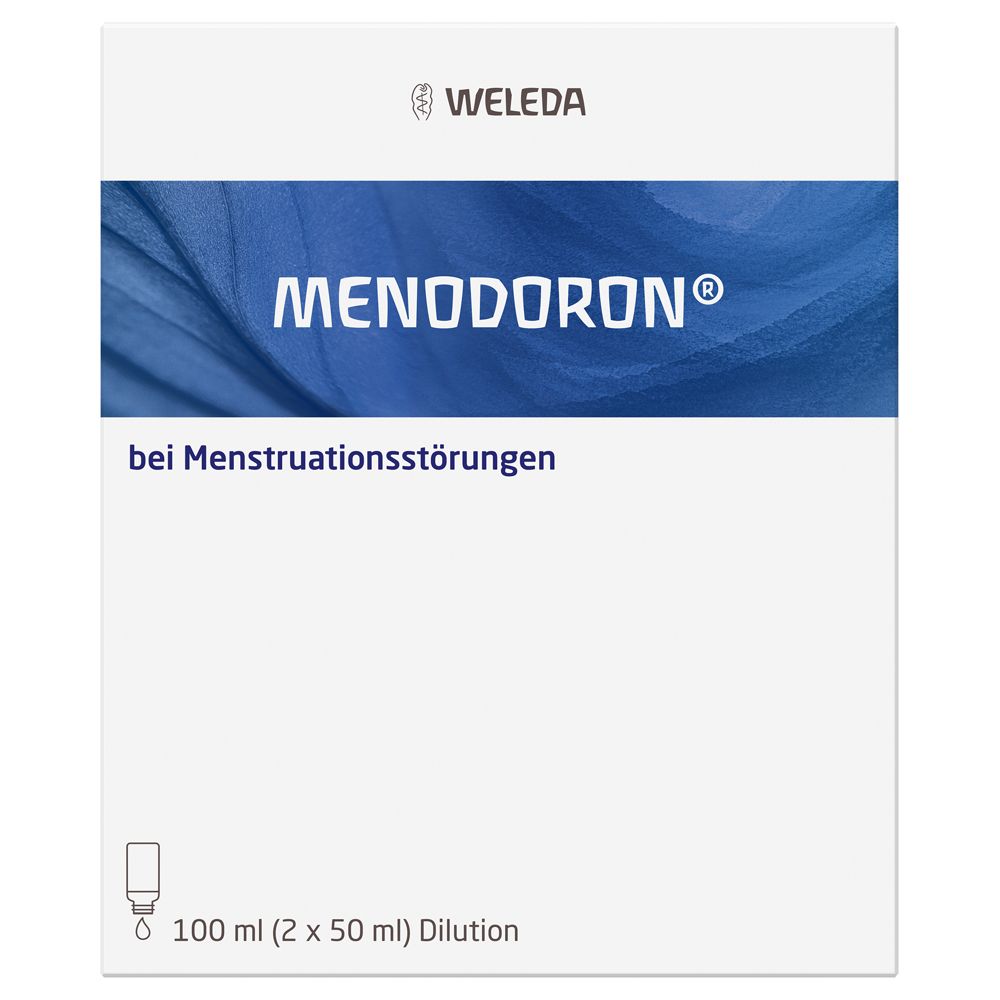 Weiße Schachtel mit blauem Streifen. Aufdruck: Menodoron® und Text: bei Menstruationsstörungen. Weleda-Logo. 100 ml Dilution.