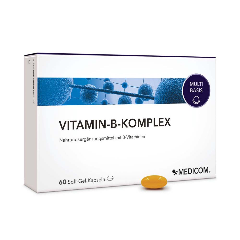 MEDICOM® Vitamin-B-Komplex. Weiße Schachtel mit blauen Elementen und gelber Kapsel. 60 Soft-Gel-Kapseln.