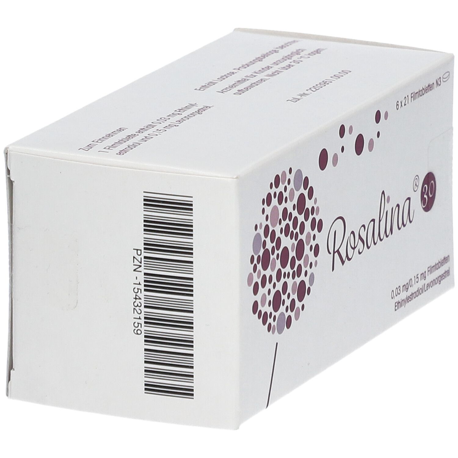 ROSALINA 30 Filmtabletten Verpackung, Seitenansicht mit PZN-Nummer und Barcode.