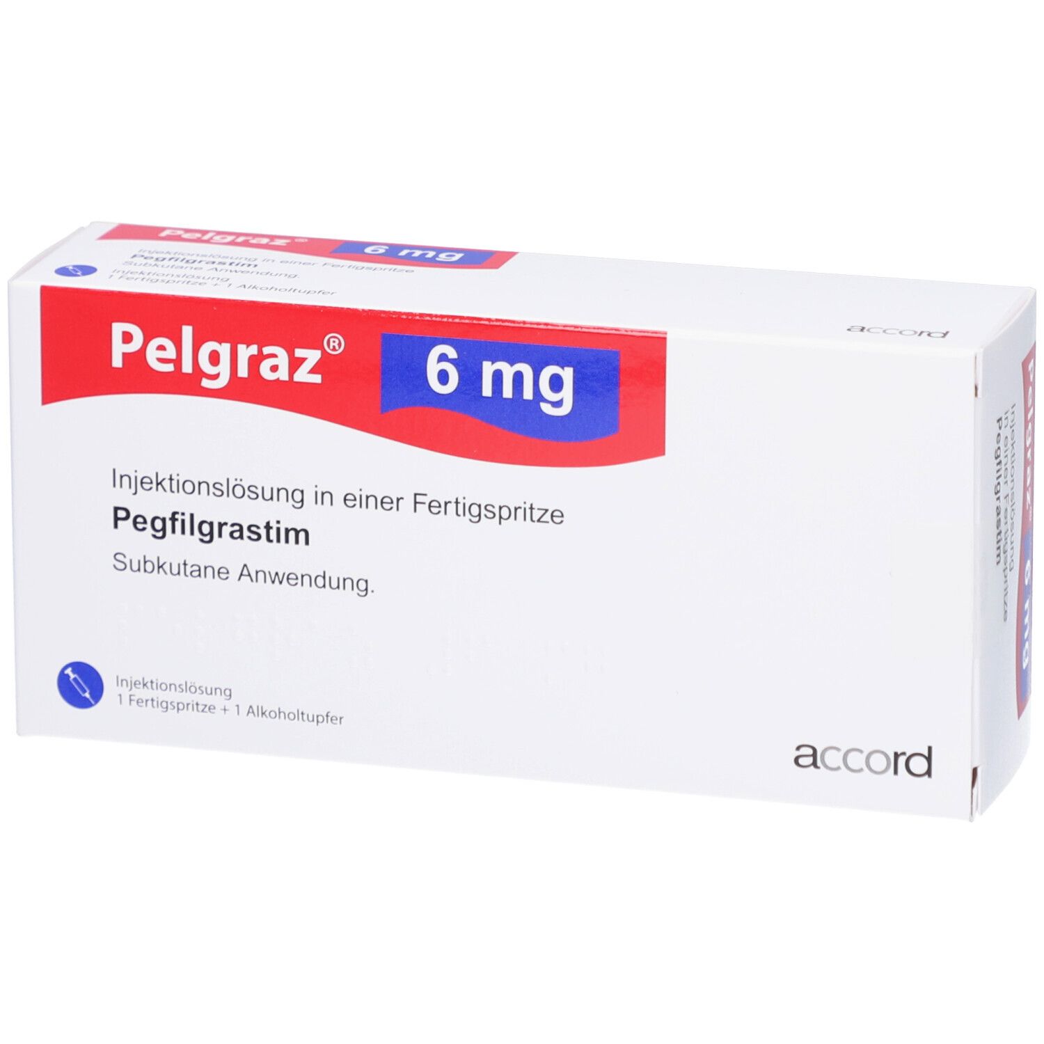 Weiße Pelgraz-Verpackung mit roter und blauer Beschriftung. Enthält 6 mg Pegfilgrastim. Injektionslösung in Fertigspritze.