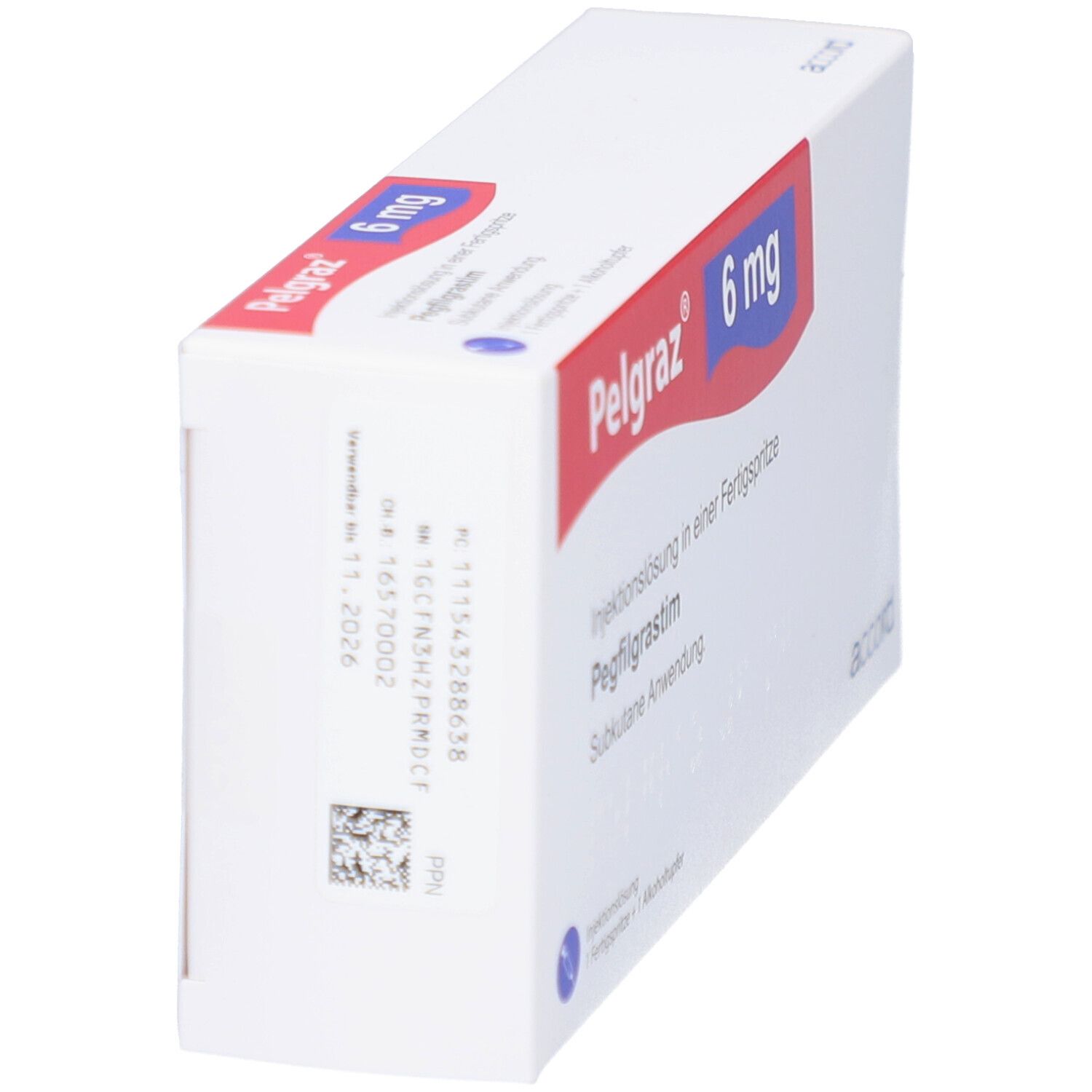 Schräg gestellte Pelgraz-Verpackung. Aufdruck mit Produktnamen, Dosierung und Verfallsdatum. Weißer Karton.