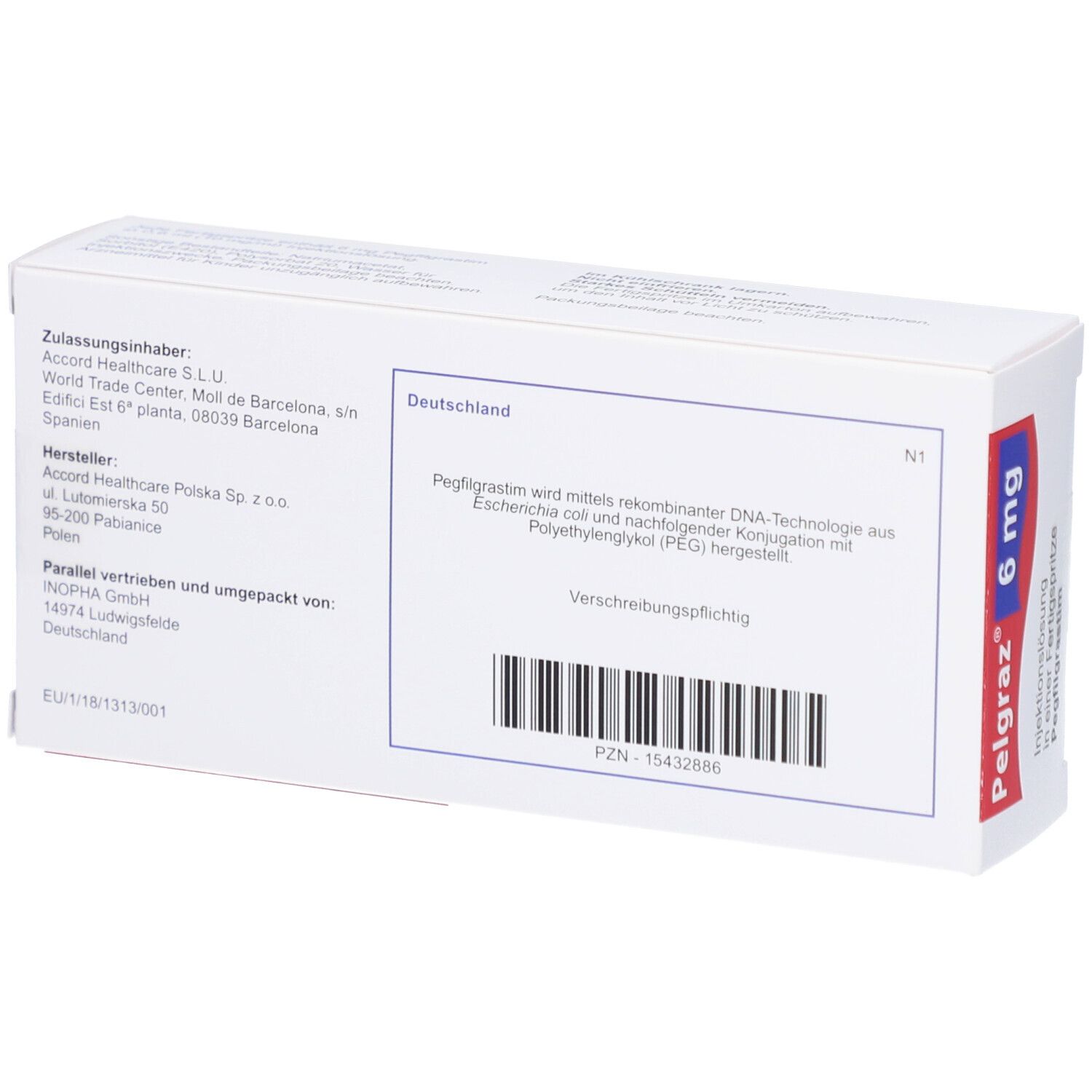 Rückseite der Pelgraz-Verpackung. Enthält Informationen zu Hersteller, Inhaltsstoffen und Chargennummer. Weißer Karton.