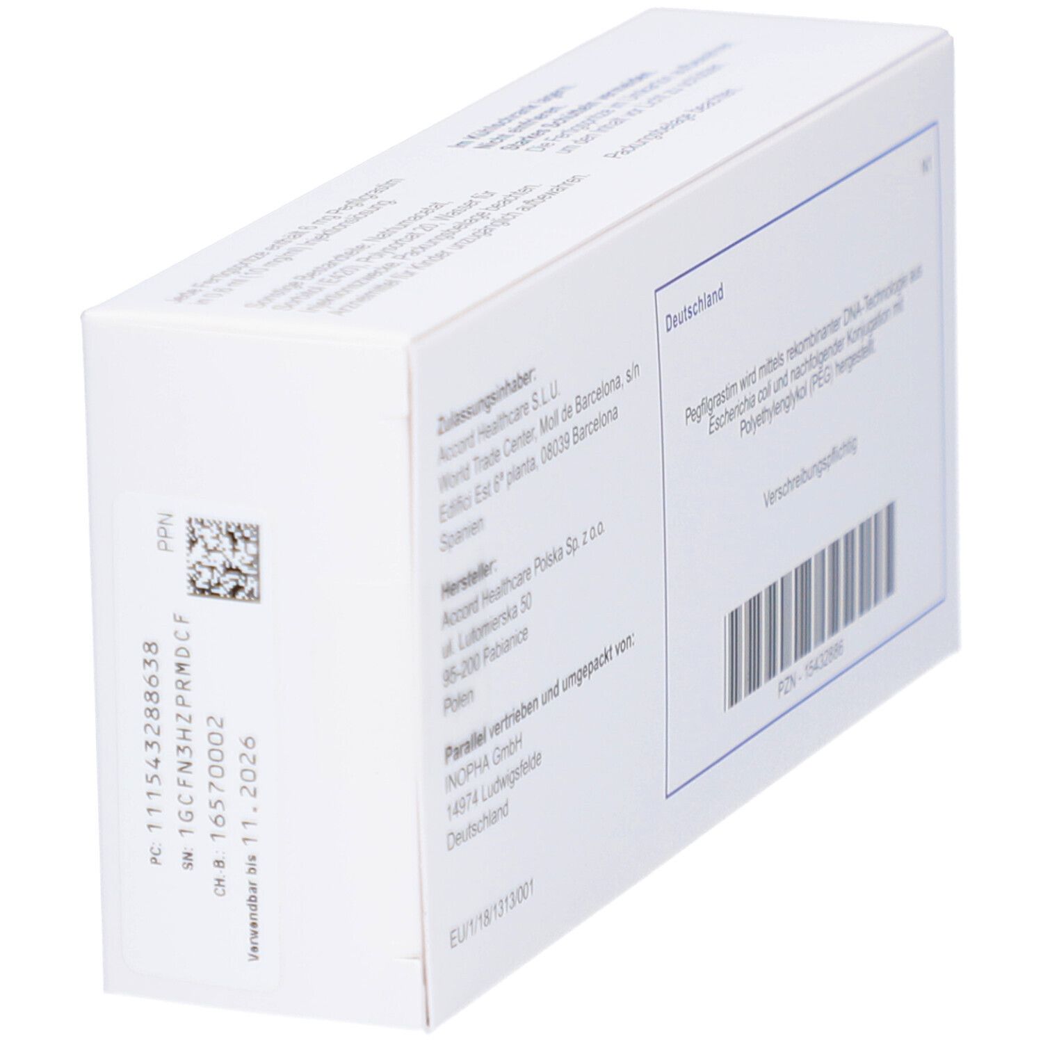 Rückseite der Pelgraz-Verpackung. Informationen zu Hersteller, Inhaltsstoffen und Chargennummer. Weißer Karton.
