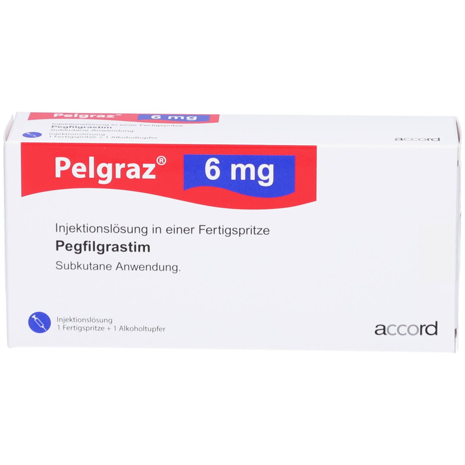 Weiße Pelgraz-Verpackung mit roter und blauer Beschriftung. Enthält 6 mg Pegfilgrastim. Injektionslösung in Fertigspritze.