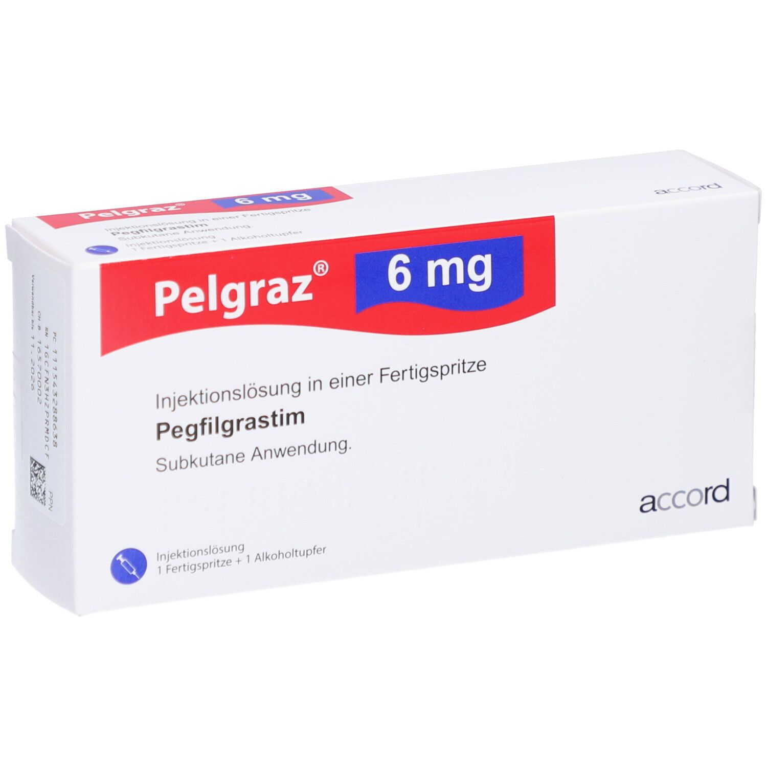 Weiße Pelgraz-Verpackung mit roter und blauer Beschriftung. Enthält 6 mg Pegfilgrastim. Injektionslösung in Fertigspritze.