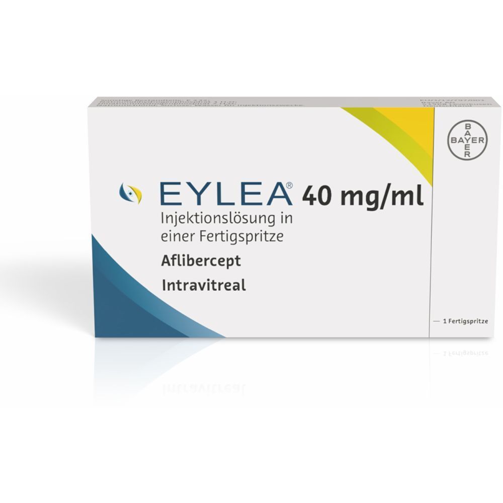 Eylea 40 mg/ml Injektionslösung in Fertigspritze. Aflibercept, intravitreal. Weiße Schachtel mit blauen und gelben Akzenten, Bayer-Logo.
