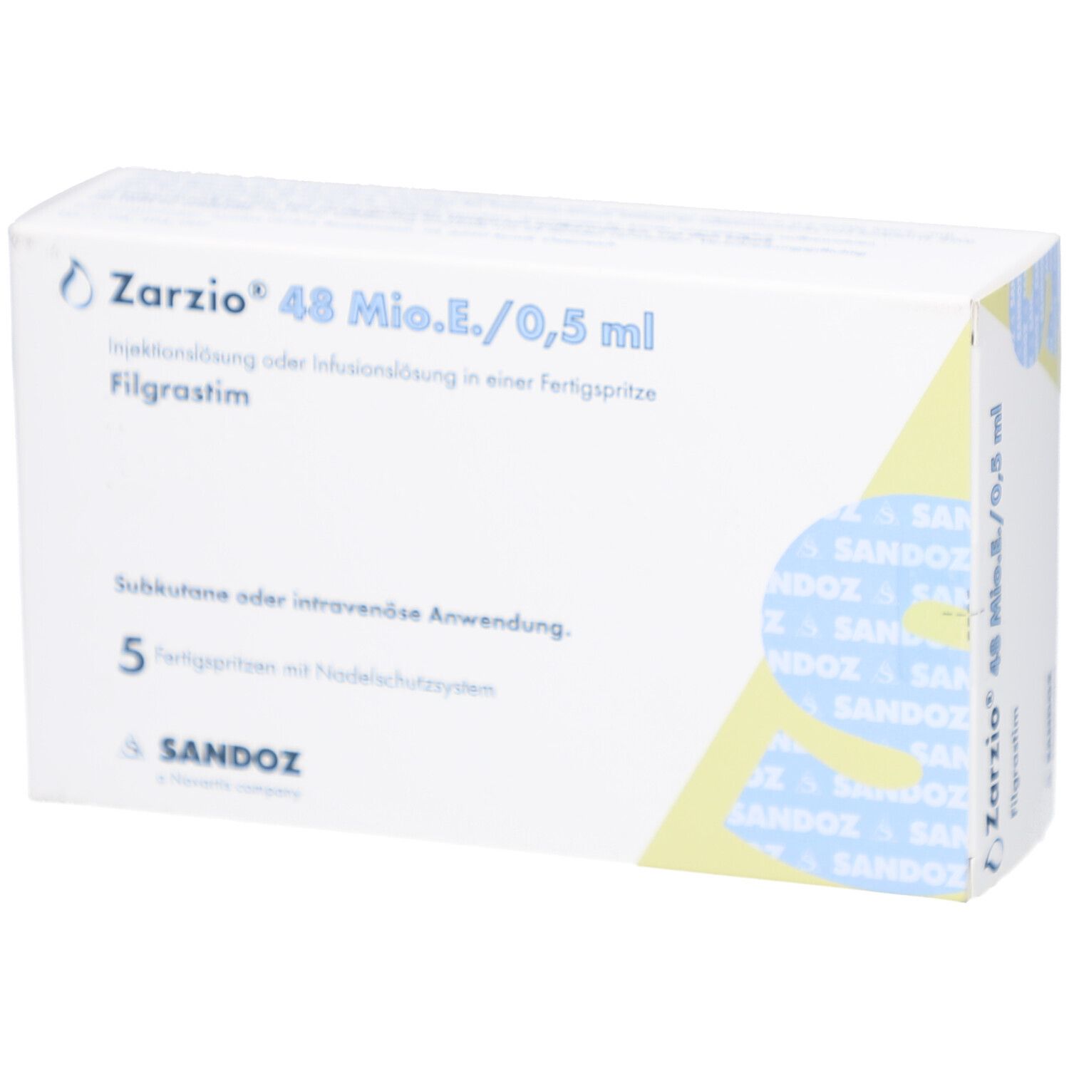 Weiße Verpackung von ZARZIO 48 Mio.E./0,5 ml. Aufschrift: Injektionslösung, Filgrastim, 5 Fertigspritzen. Sandoz Logo.