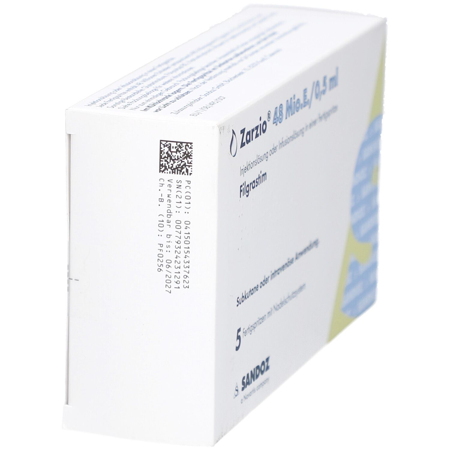 Weiße Verpackung von ZARZIO 48 Mio.E./0,5 ml. Aufschrift: Injektionslösung, Filgrastim, 5 Fertigspritzen. Sandoz Logo.