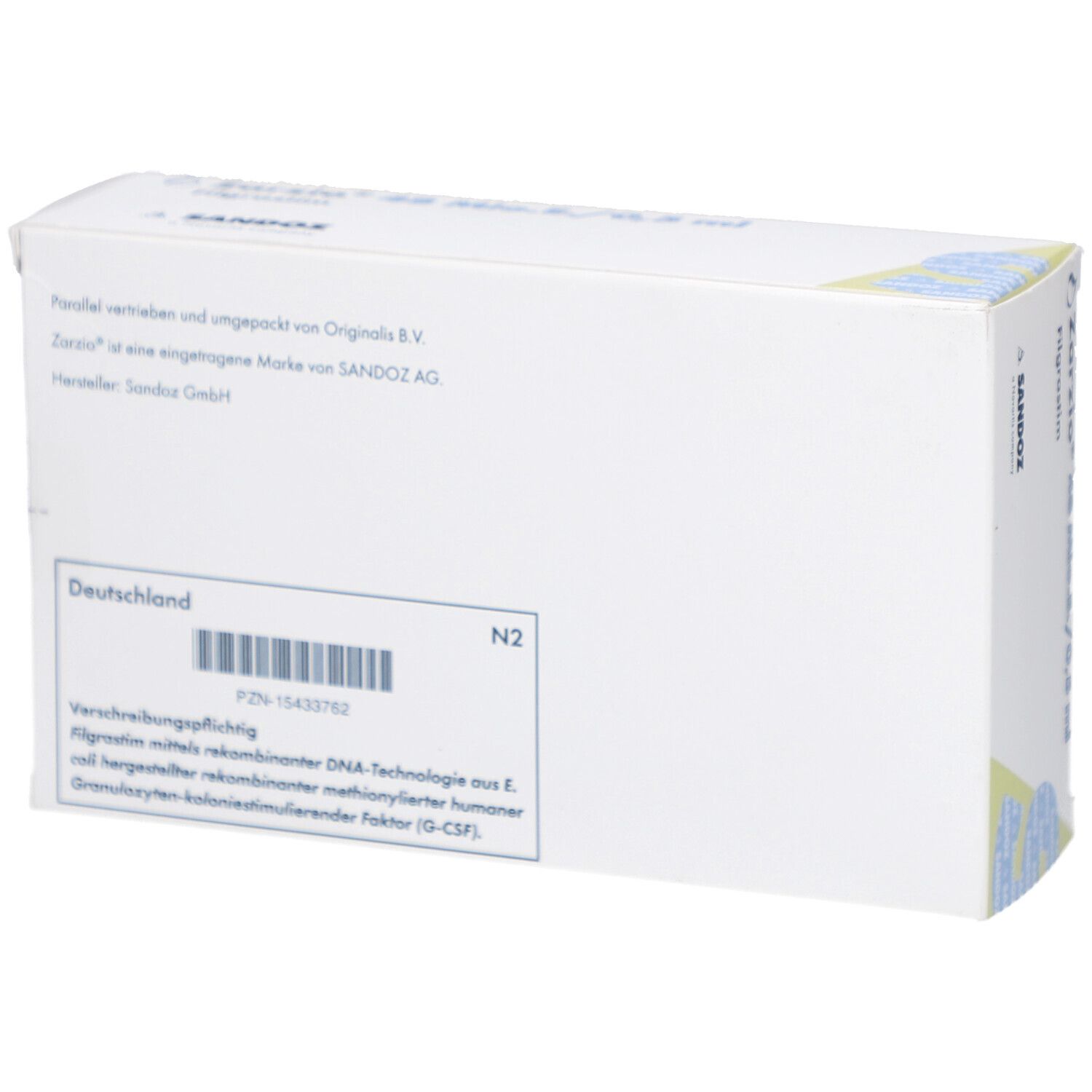 Rückseite der weißen ZARZIO-Verpackung. Barcode, Text: Deutschland, Filgrastim, 5 Fertigspritzen. Sandoz Logo.