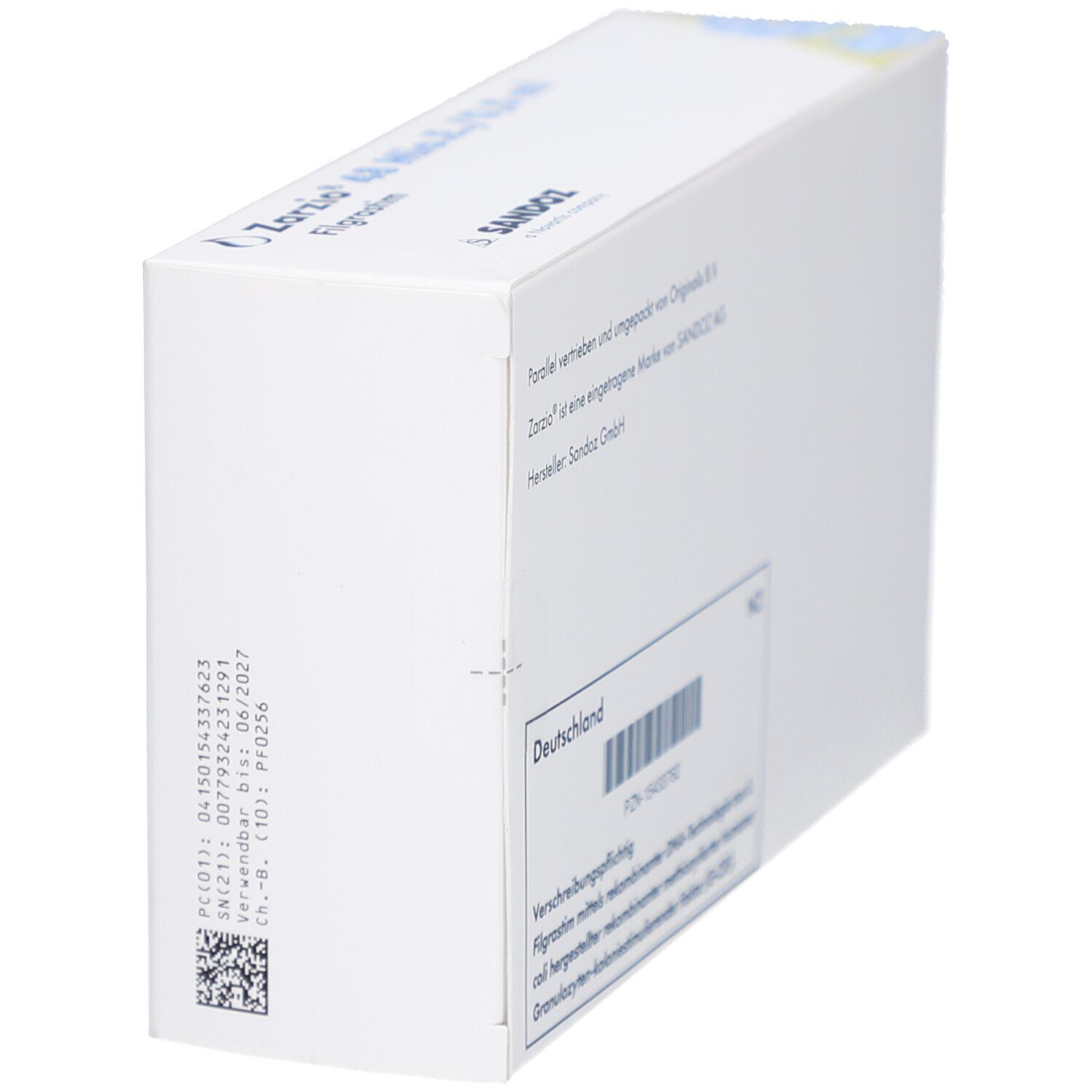 Weiße ZARZIO-Verpackung, schräg. Barcode, Text: Deutschland, Filgrastim, 5 Fertigspritzen. Sandoz Logo.