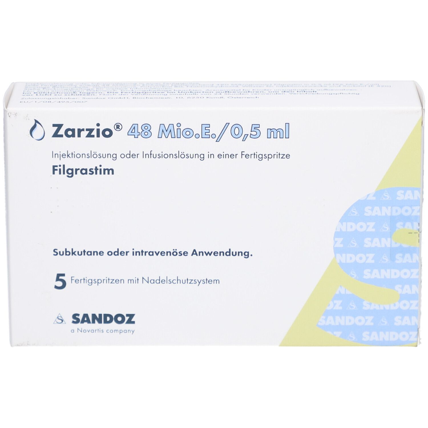 Weiße Verpackung von ZARZIO 48 Mio.E./0,5 ml. Aufschrift: Injektionslösung, Filgrastim, 5 Fertigspritzen. Sandoz Logo.