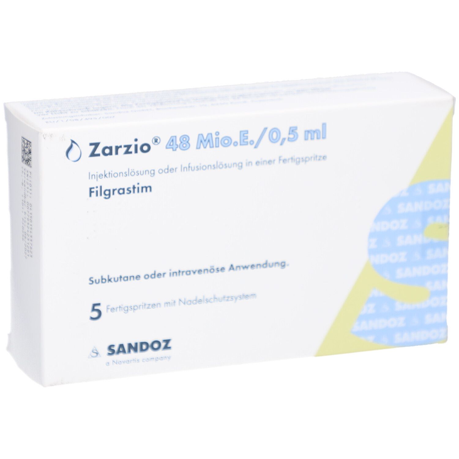 Weiße Verpackung von ZARZIO 48 Mio.E./0,5 ml. Aufschrift: Injektionslösung, Filgrastim, 5 Fertigspritzen. Sandoz Logo.