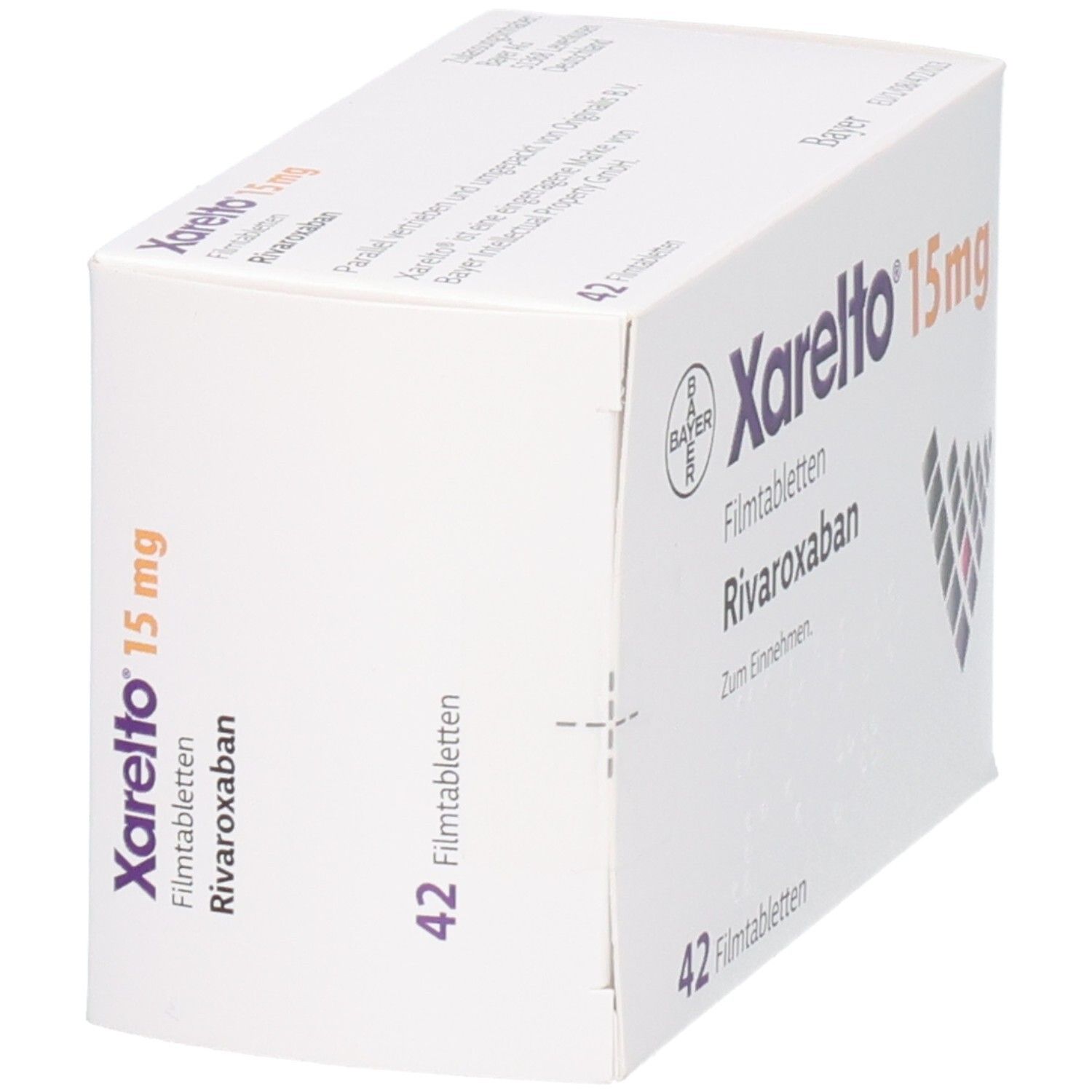 Xarelto 15 mg Filmtabletten mit Rivaroxaban, 42 Stück, Seitenansicht.