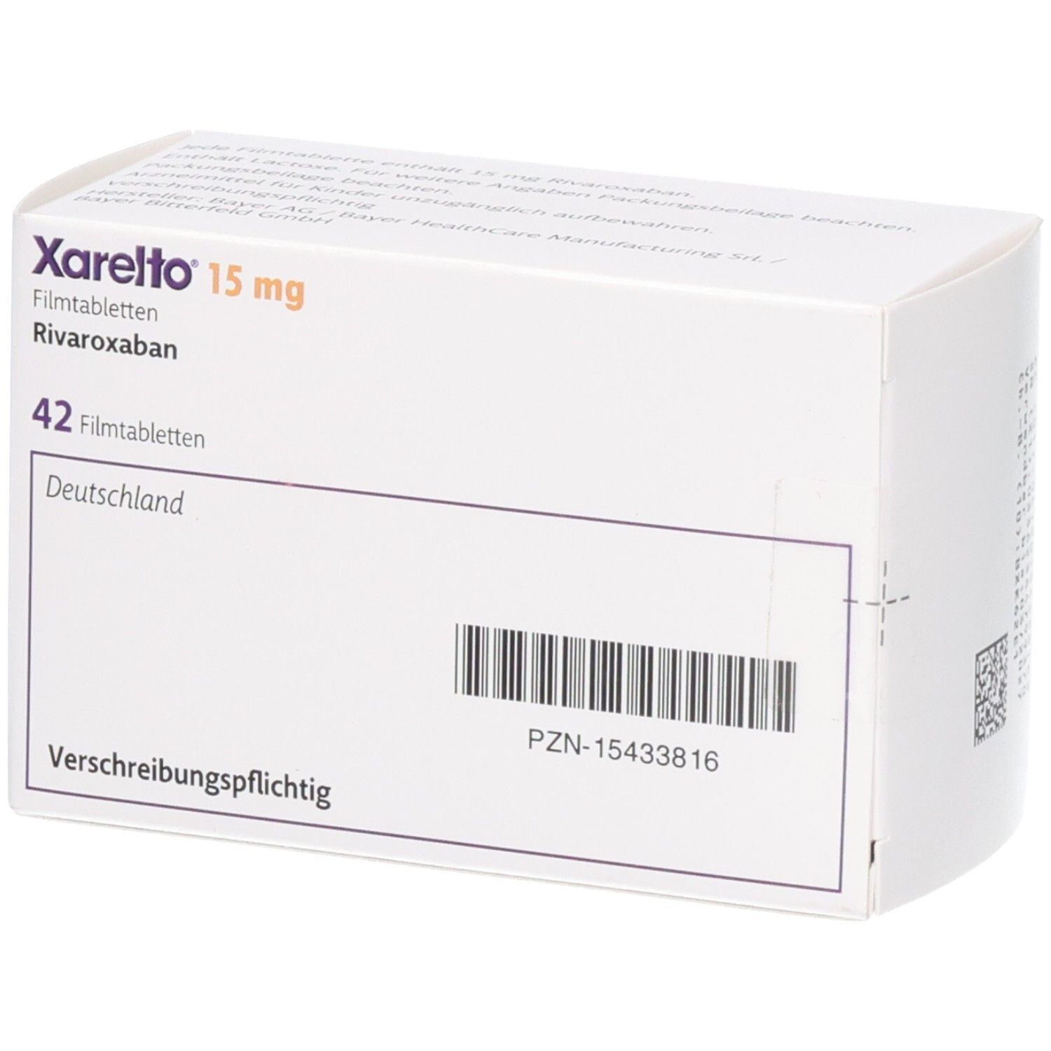 Xarelto 15 mg Filmtabletten mit Rivaroxaban, 42 Stück, Rückseite.