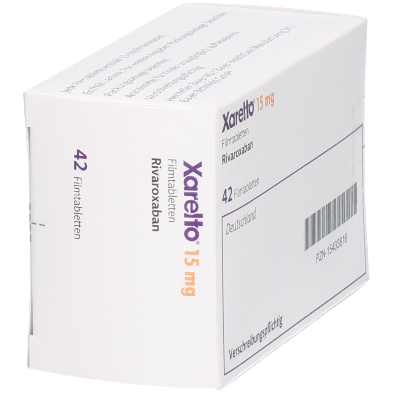 Xarelto 15 mg Filmtabletten mit Rivaroxaban, 42 Stück, schräge Seitenansicht.