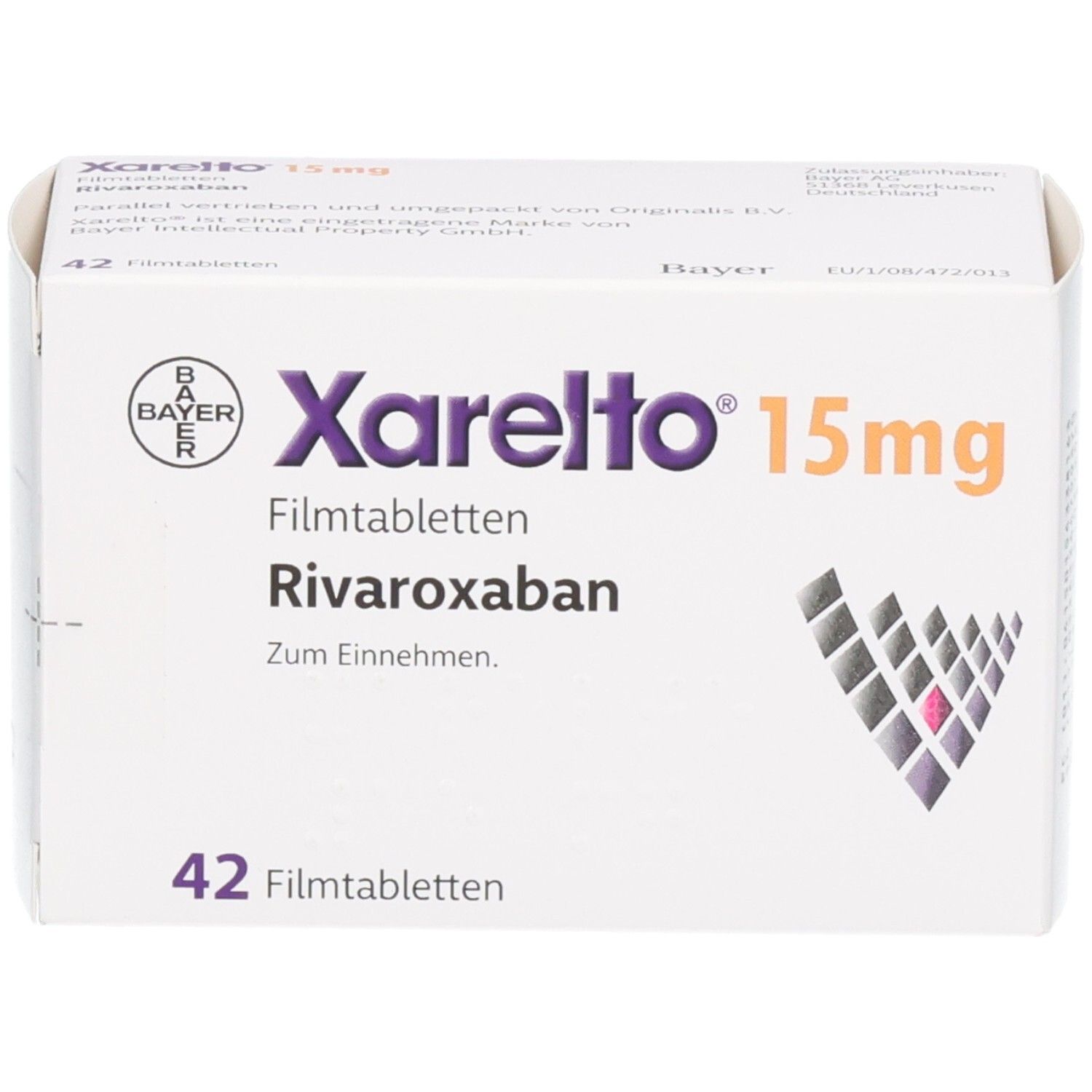 Xarelto 15 mg Filmtabletten mit Rivaroxaban, 42 Stück, Vorderansicht.