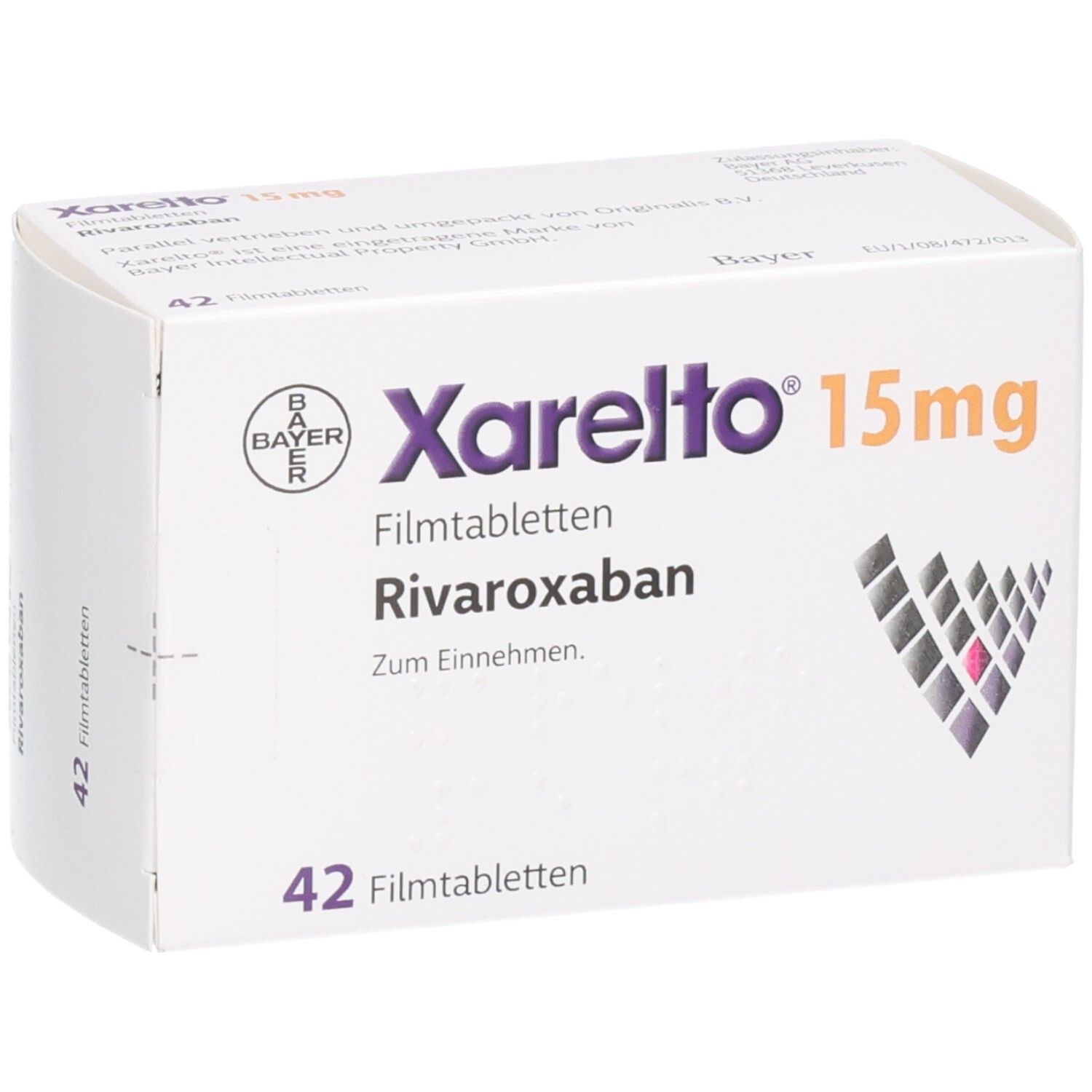 Xarelto 15 mg Filmtabletten mit Rivaroxaban, 42 Stück, leicht schräg.