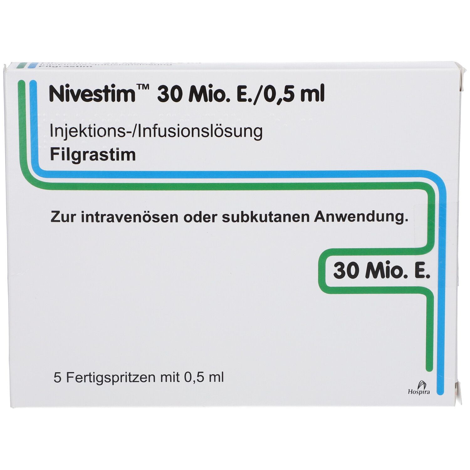 Schachtel Nivestim 30 Mio.E./0,5 ml. Text: Injektions-/Infusionslösung, Filgrastim. 5 Fertigspritzen. 30 Mio. E.