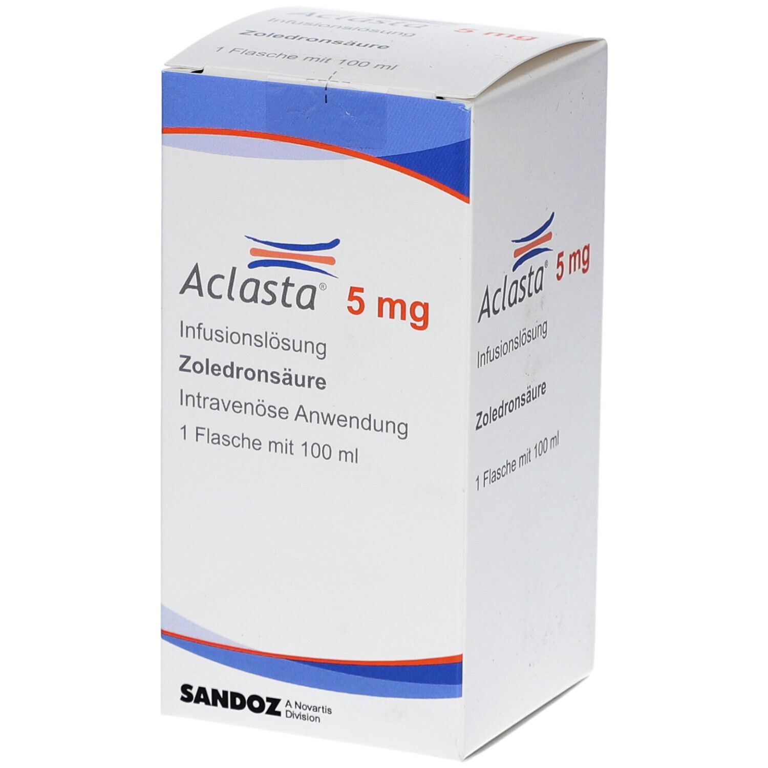 Aclasta 5 mg, Infusionslösung, Zoledronsäure, 1 Flasche mit 100 ml. Verpackung mit Logo und Produktinformationen.