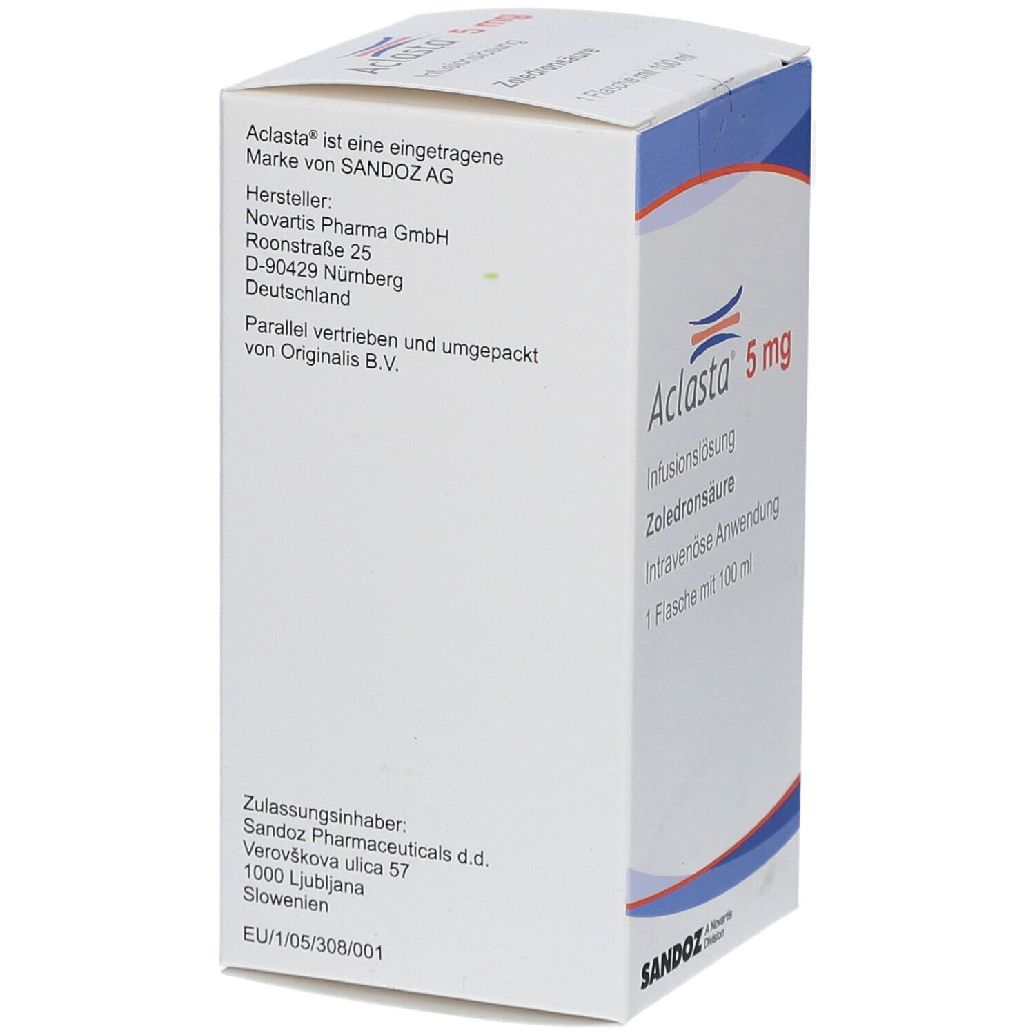 Verpackung von Aclasta 5 mg. Hersteller Novartis Pharma GmbH. Informationen zur Zulassung und Vertrieb.