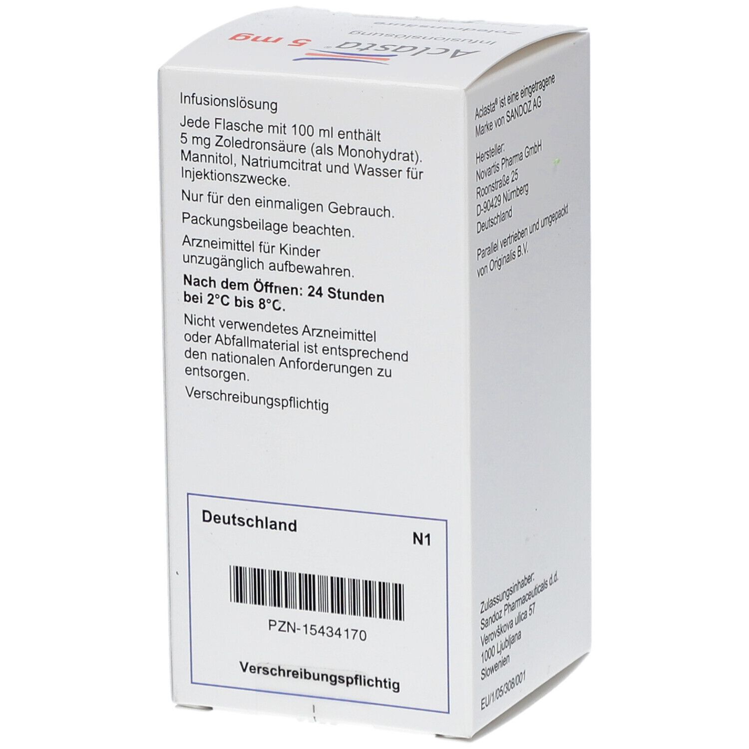 Rückseite der Aclasta 5 mg Verpackung. Enthält Informationen zur Zusammensetzung und Anwendung.