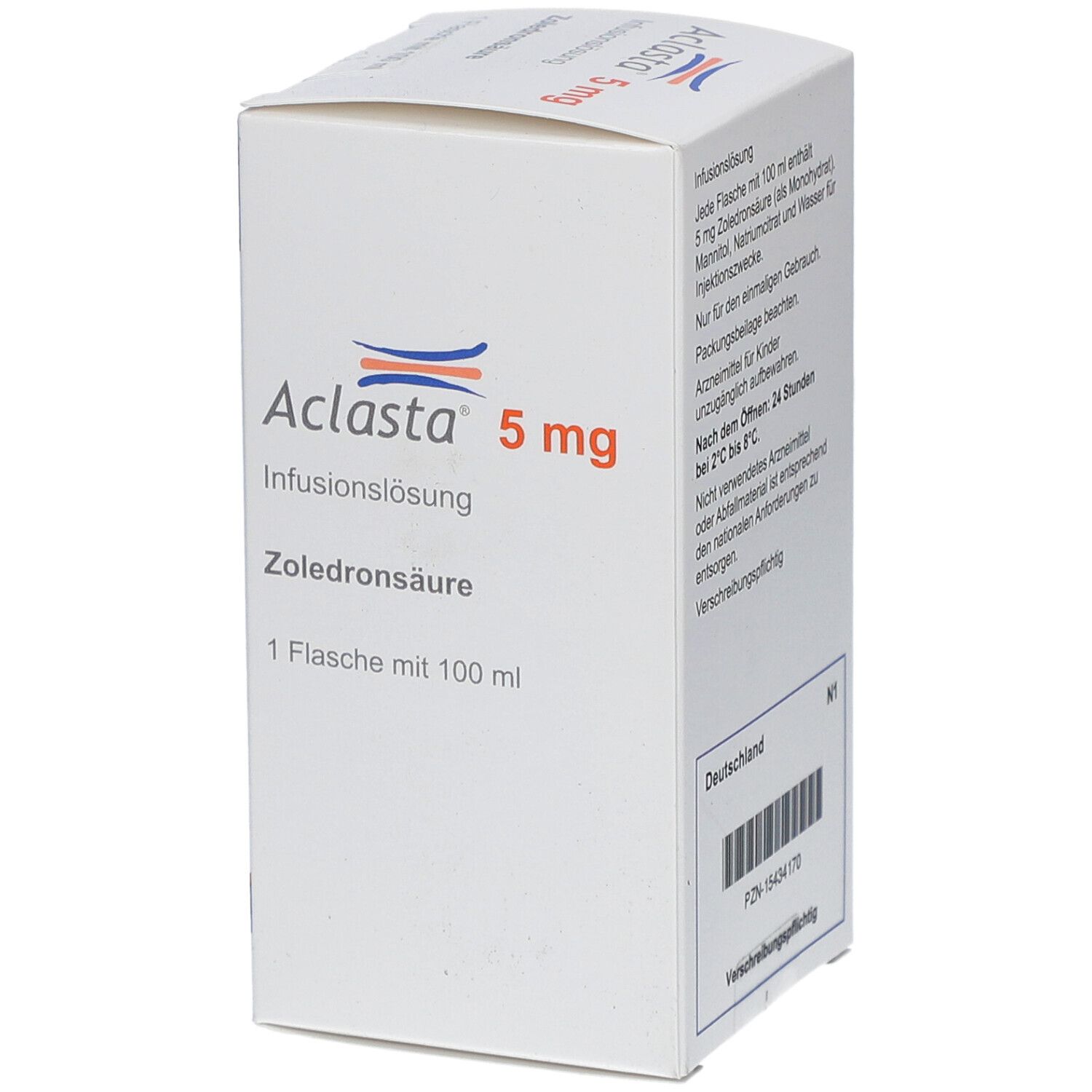 Aclasta 5 mg Verpackung. Vorderansicht mit Produktnamen, Dosierung und Inhaltsangabe.