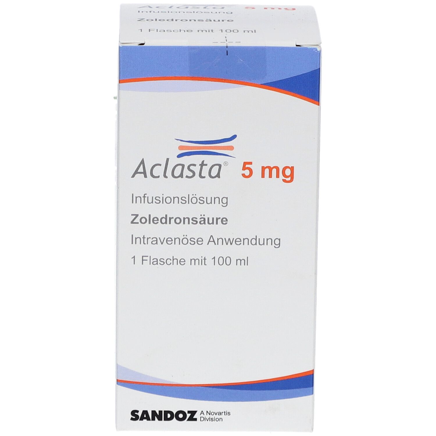 Aclasta 5 mg Verpackung. Vorderansicht mit Produktnamen, Dosierung und Inhaltsangabe.