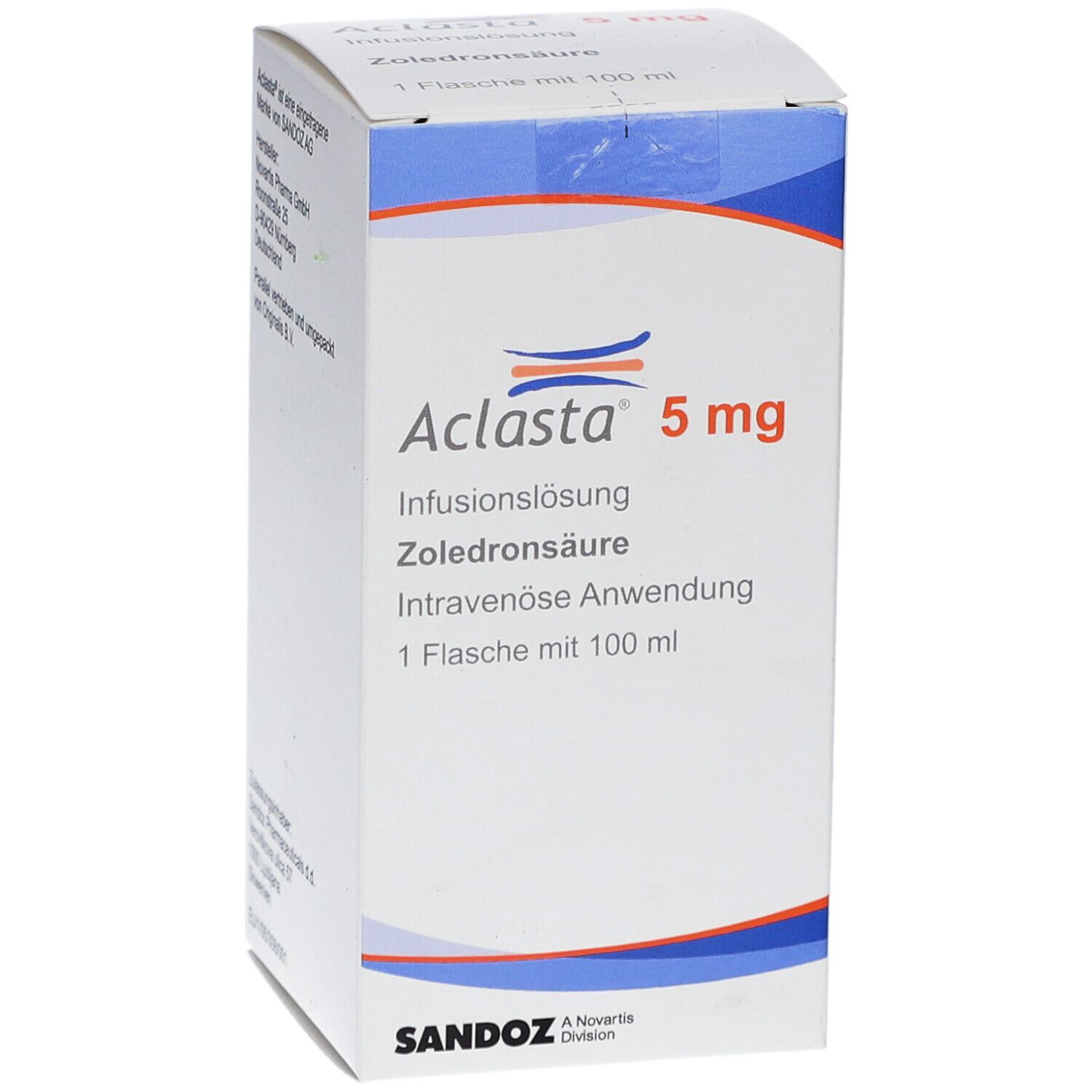 Aclasta 5 mg Verpackung. Vorderansicht mit Produktnamen, Dosierung und Inhaltsangabe.