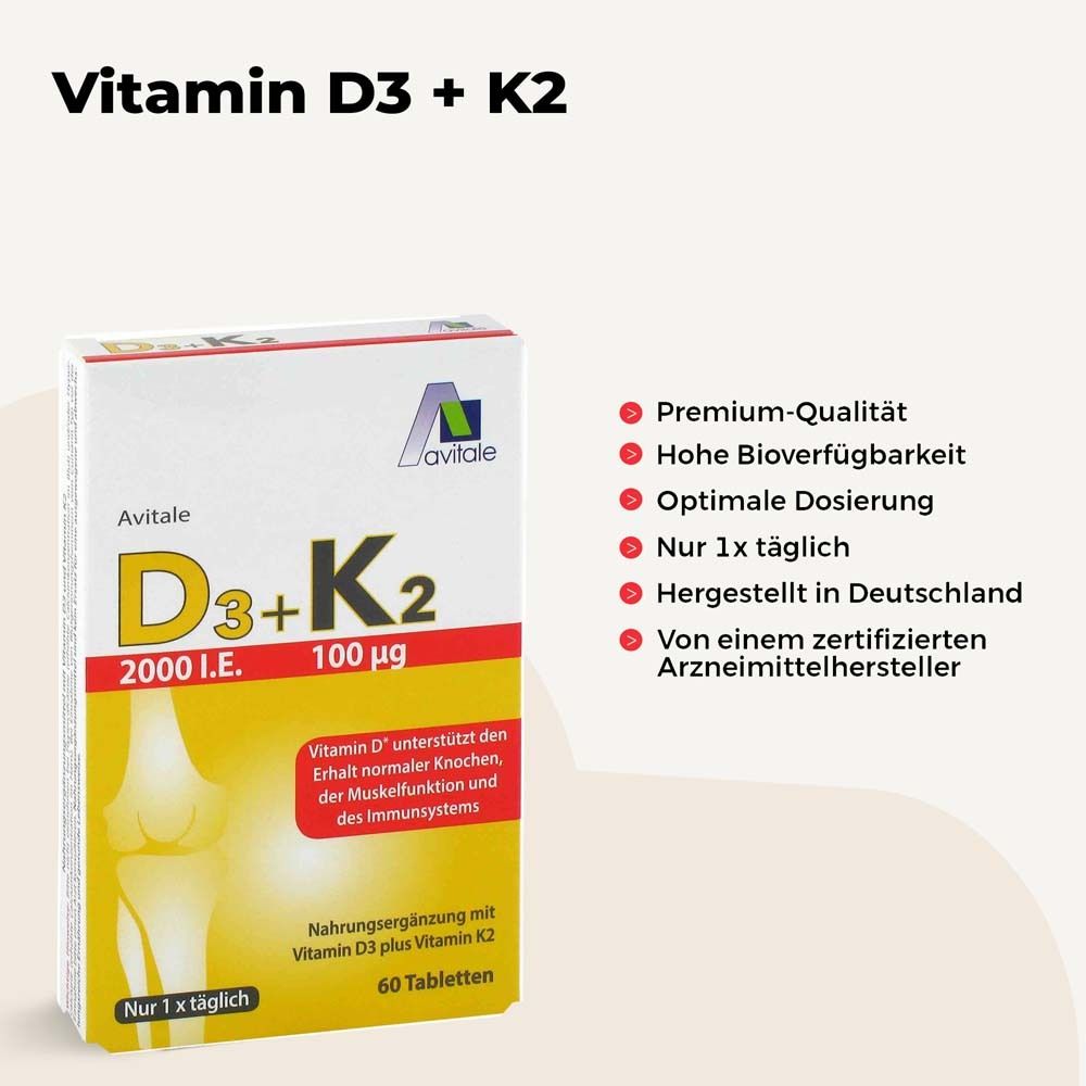 Produktverpackung Avitale D3+K2. Text: Vitamin D3 + K2. Aufzählung von Vorteilen. 60 Tabletten. Premium-Qualität.