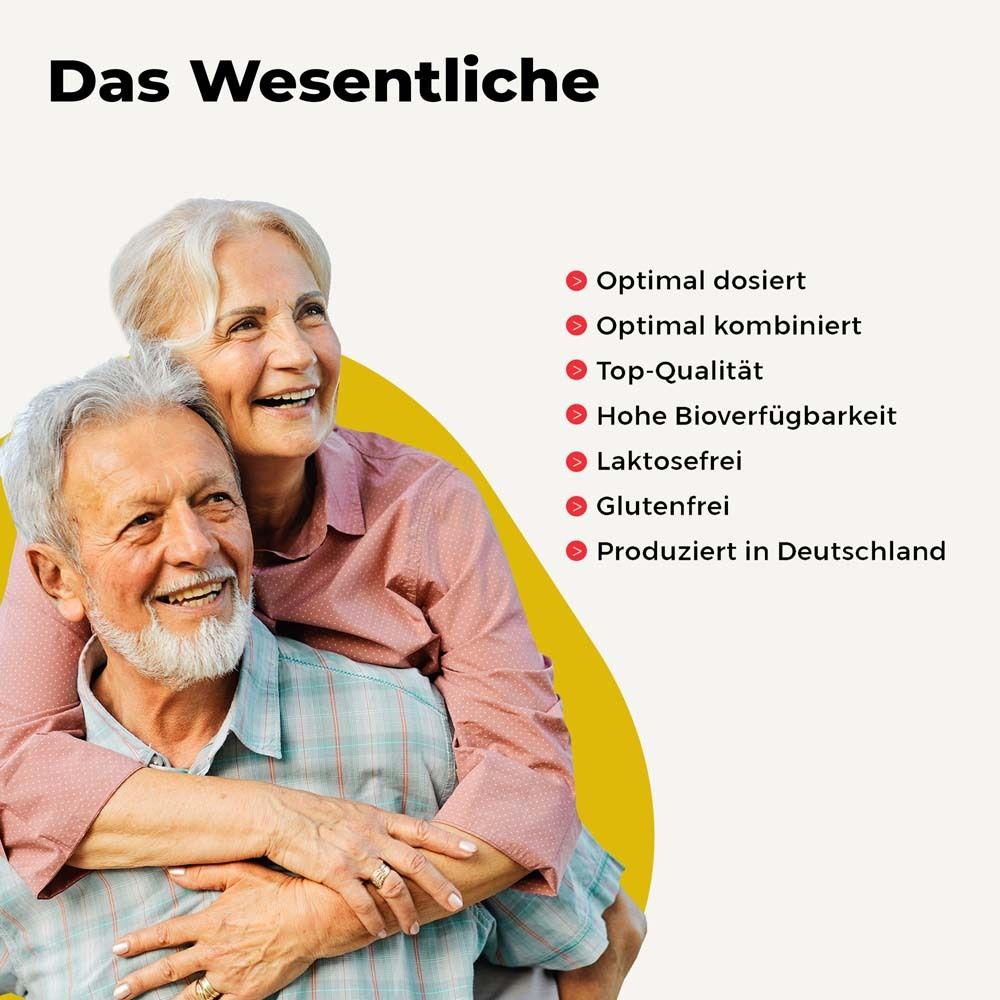 Älteres Paar lächelt. Text: Das Wesentliche. Aufzählung von Vorteilen: optimal dosiert, top Qualität, laktosefrei.