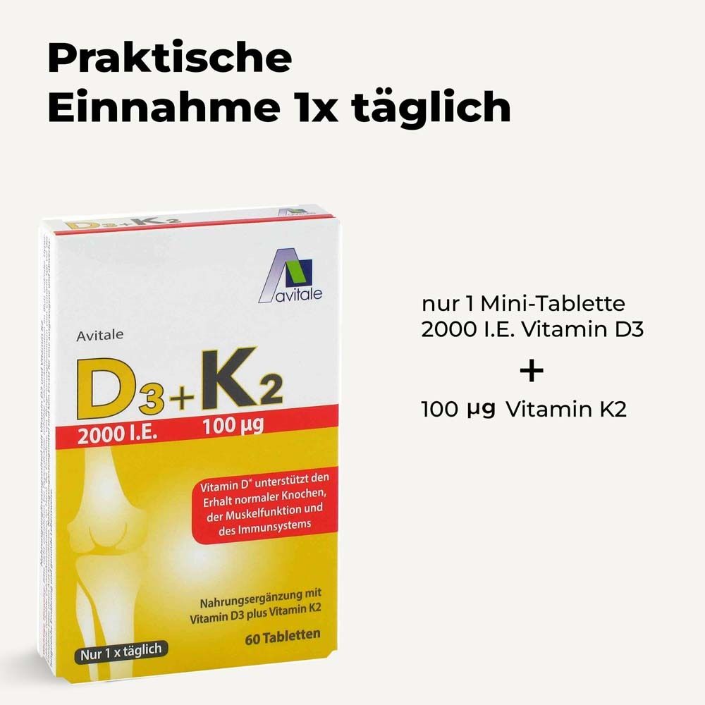Produktverpackung Avitale D3+K2. Text: Praktische Einnahme 1x täglich. 1 Mini-Tablette + 100 µg Vitamin K2.
