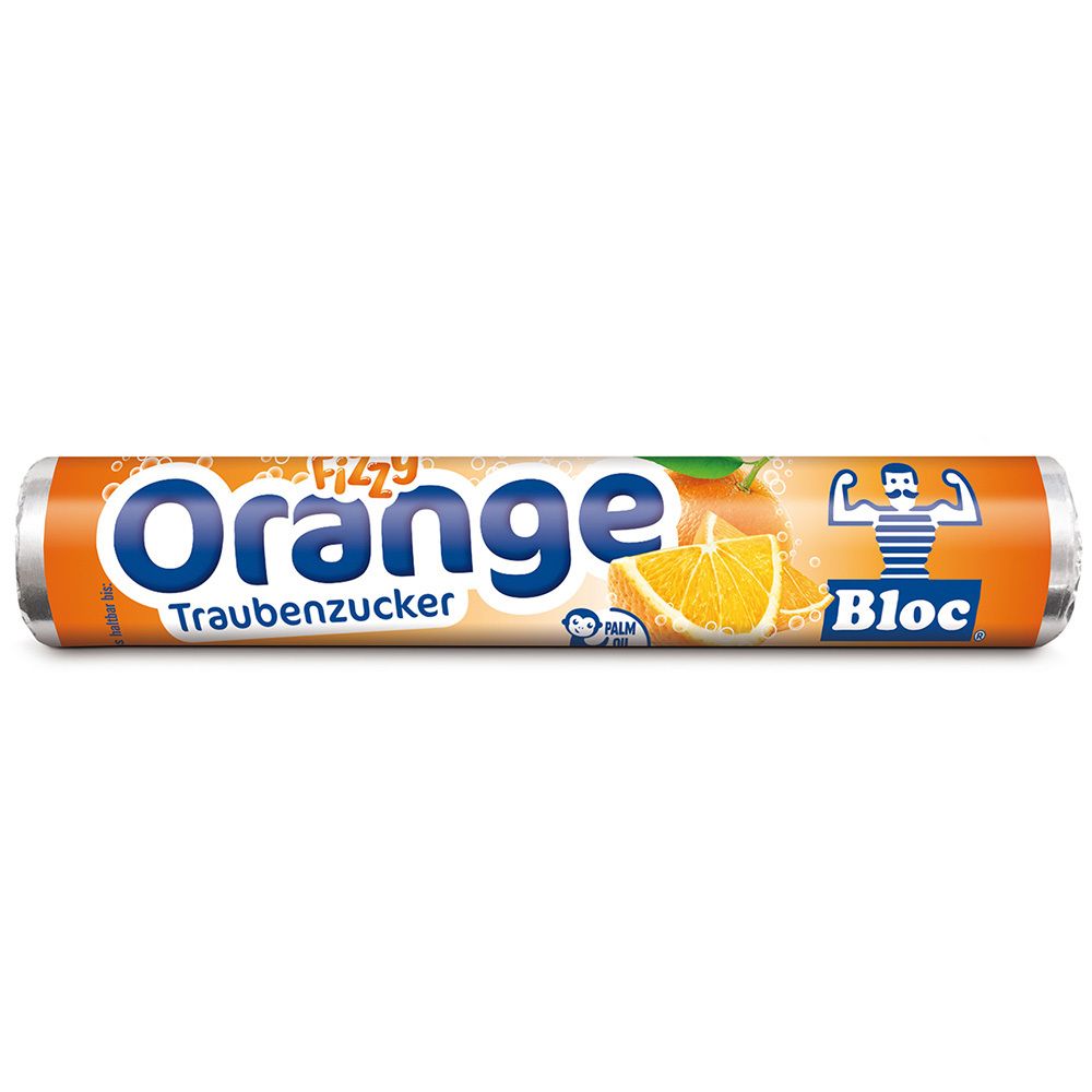 Zylinderförmige Verpackung mit "Orange" und "Bloc" Schriftzug. Abbildung einer Orangenscheibe.