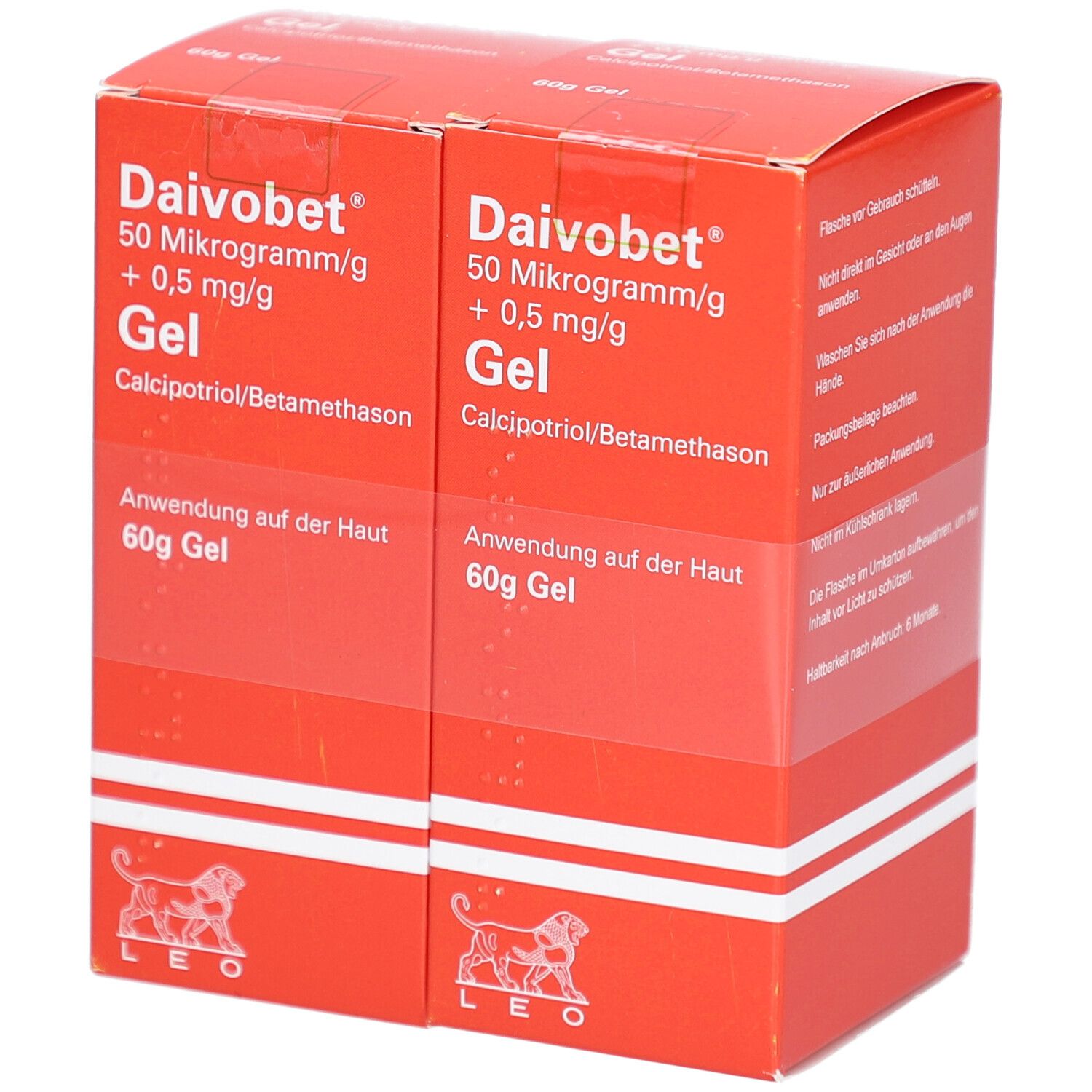 Zwei rote Kartons mit Produktaufdruck. Aufschrift: Daivobet Gel, 50 Mikrogramm/g + 0,5 mg/g. Logo: LEO.