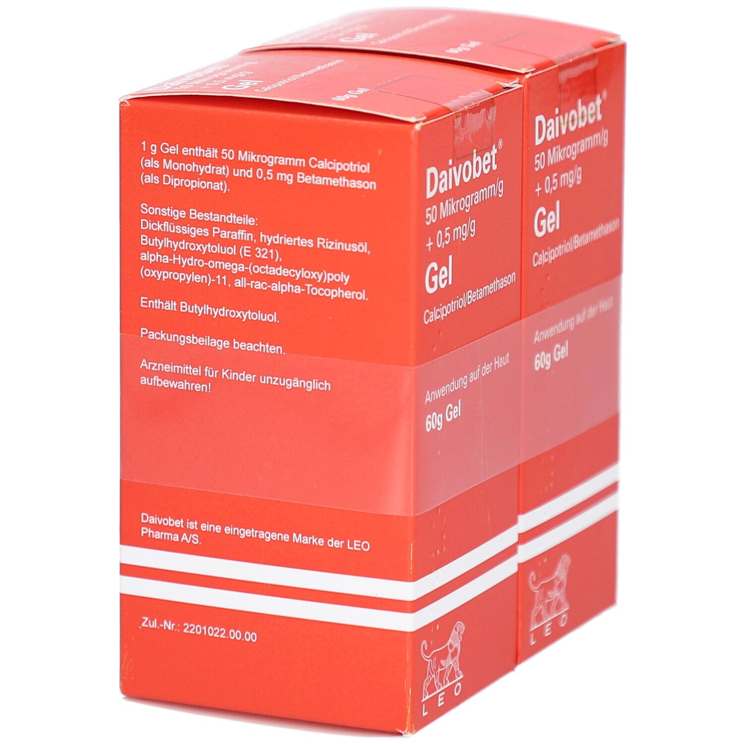 Roter Karton mit Produktinformationen. Aufschrift: Daivobet Gel, 50 Mikrogramm/g + 0,5 mg/g. Inhaltsstoffe und Herstellerangaben.