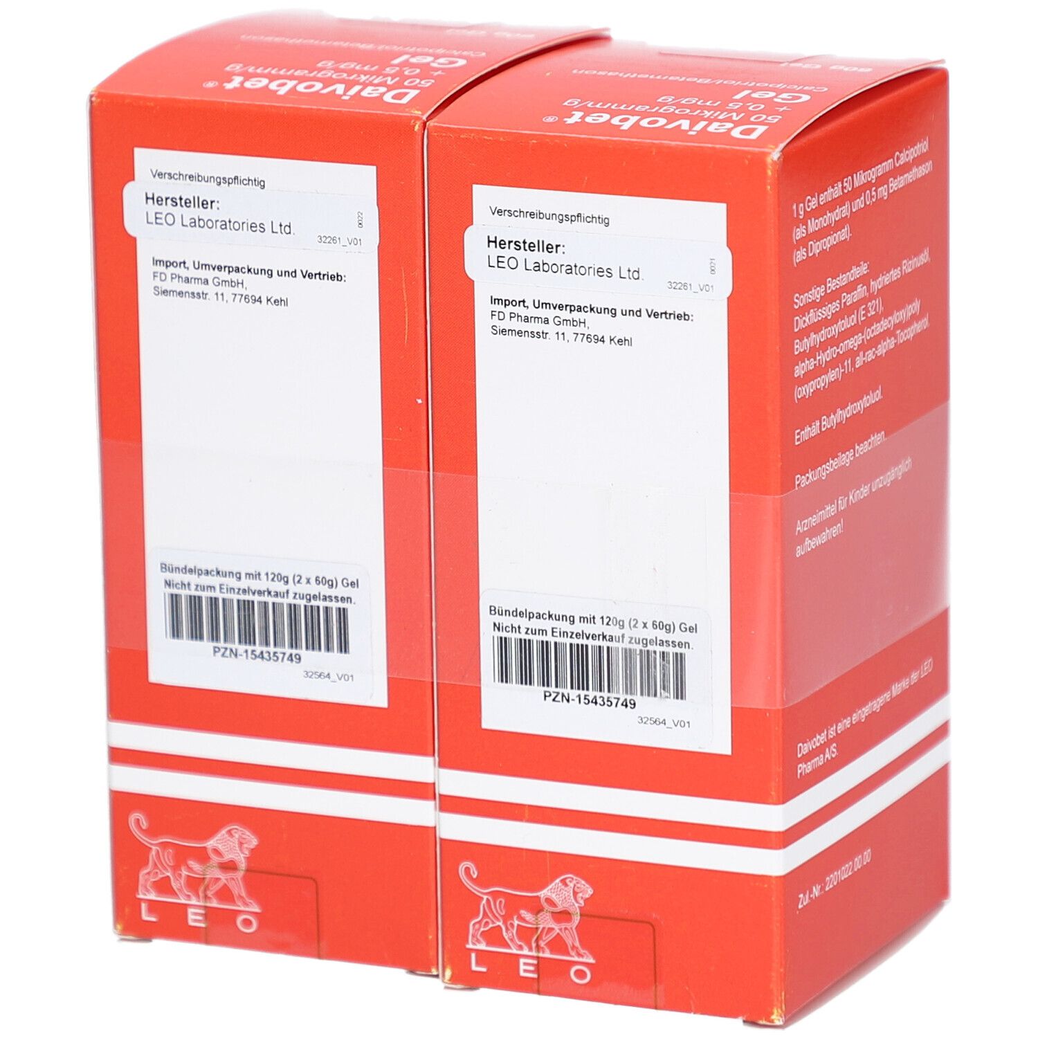 Zwei rote Kartons nebeneinander. Aufschrift: Daivobet Gel, 50 Mikrogramm/g + 0,5 mg/g. Mit Barcode und Herstellerangaben.