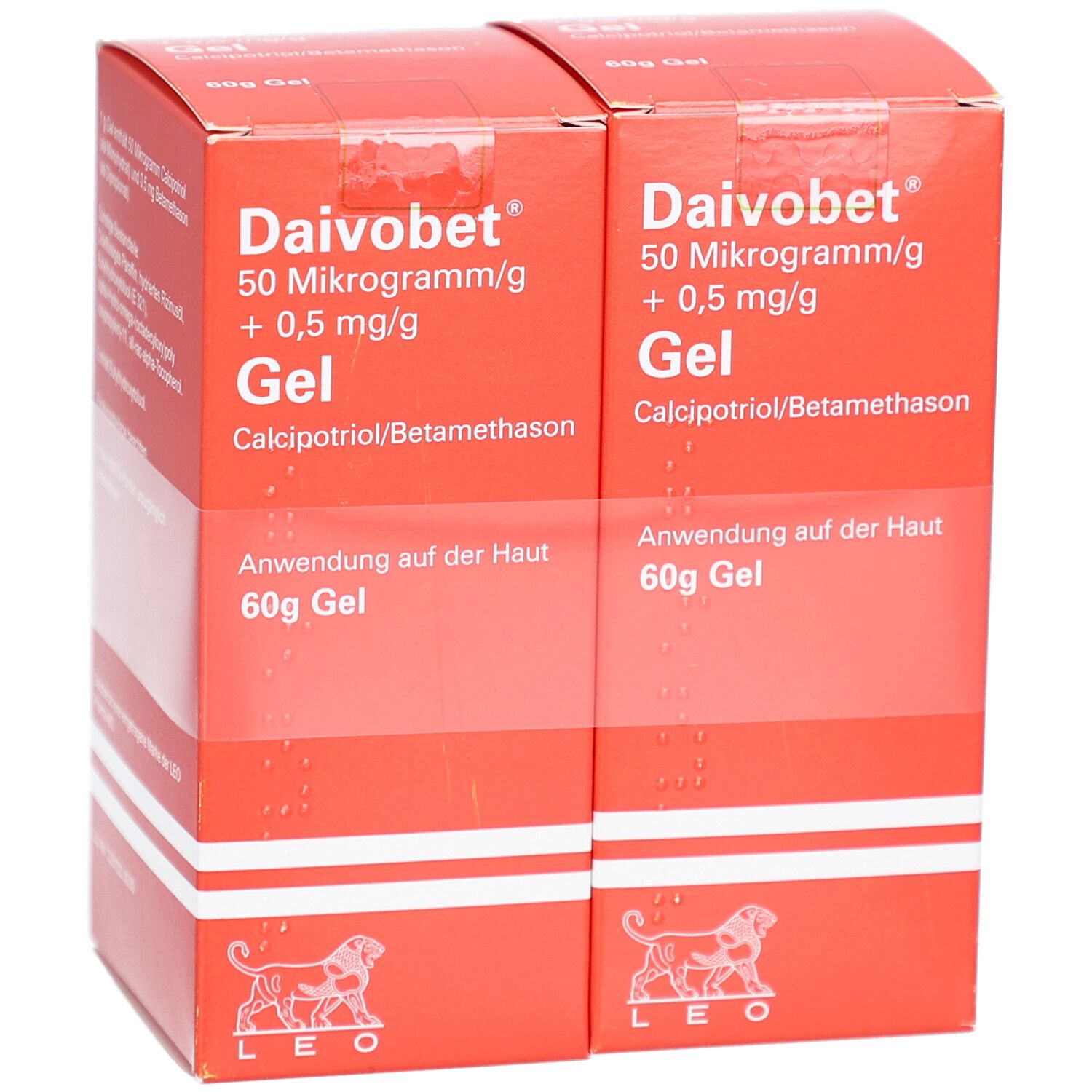 Zwei rote Kartons nebeneinander. Aufschrift: Daivobet Gel, 50 Mikrogramm/g + 0,5 mg/g. Logo: LEO.