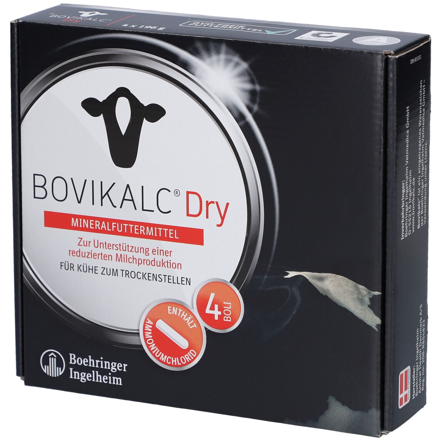 Schwarze Verpackung mit Produktlogo BOVIKALC Dry. Enthält 4 Boli. Marke Boehringer Ingelheim.