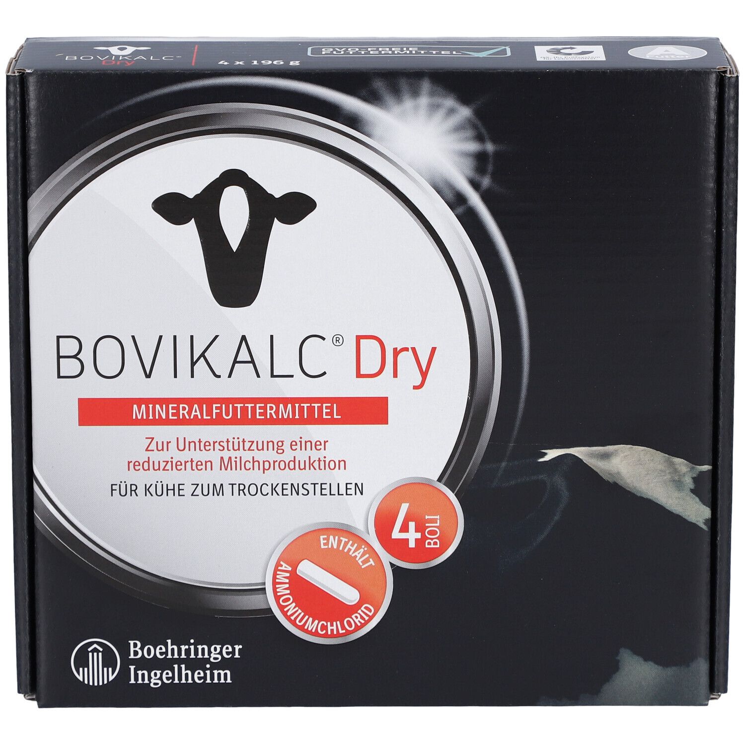 Schwarze Verpackung mit BOVIKALC Dry Logo. Enthält 4 Boli. Marke Boehringer Ingelheim.