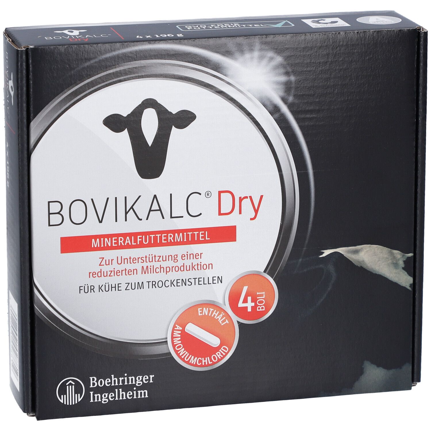 Schwarze Verpackung mit BOVIKALC Dry Logo. Enthält 4 Boli. Marke Boehringer Ingelheim.