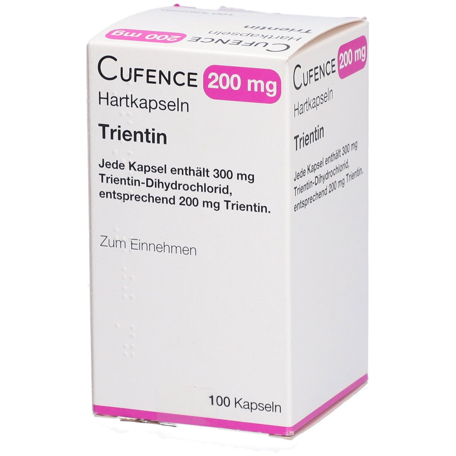 Weiße Schachtel mit Aufschrift CUFENCE 200 mg Hartkapseln Trientin. Enthält 100 Kapseln. Rosa Akzente.