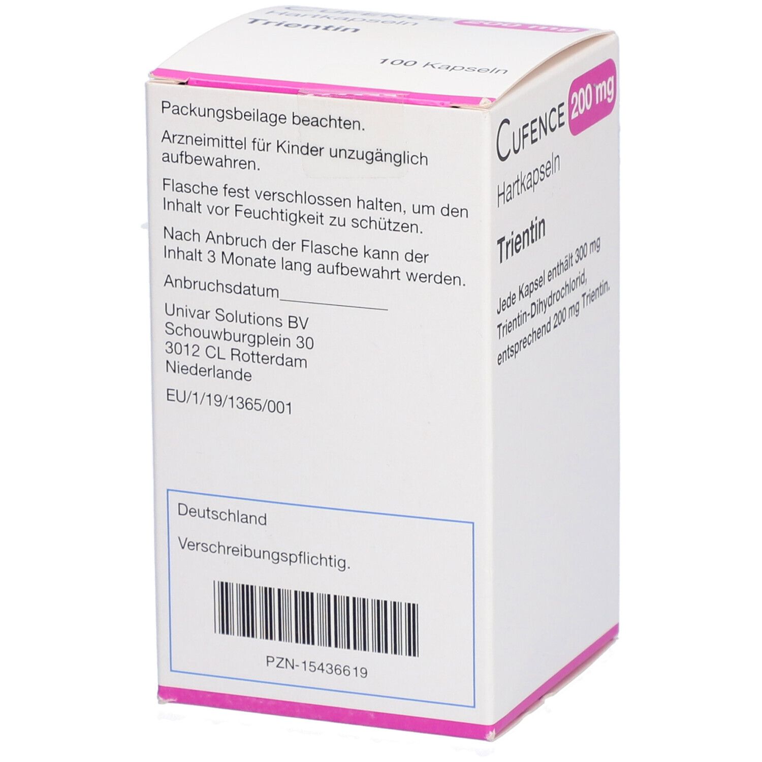 Weiße Schachtel mit Aufschrift CUFENCE 200 mg Hartkapseln Trientin. Rückseite mit Text und Barcode.