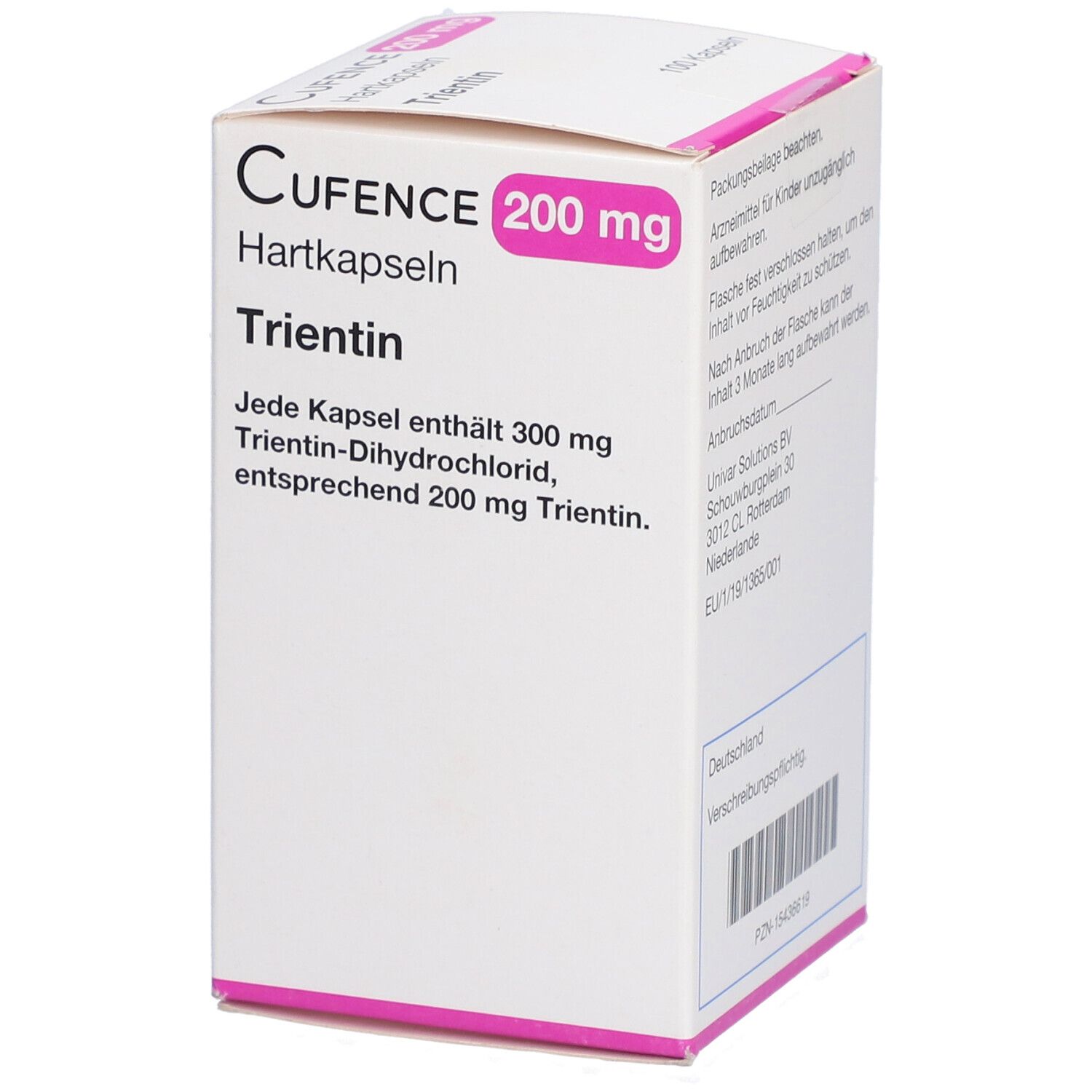 Weiße Schachtel mit Aufschrift CUFENCE 200 mg Hartkapseln Trientin. Text: Jede Kapsel enthält 300 mg Trientin-Dihydrochlorid.