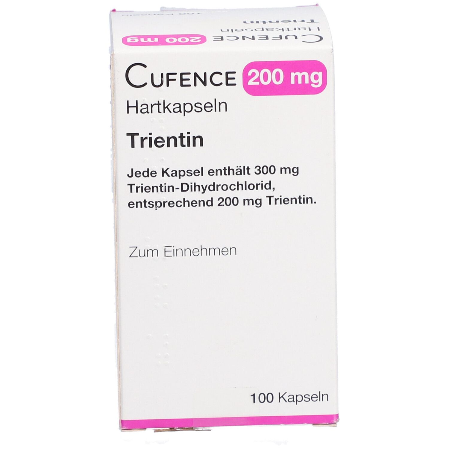 Weiße Schachtel mit Aufschrift CUFENCE 200 mg Hartkapseln Trientin. Enthält 100 Kapseln. Rosa Akzente.