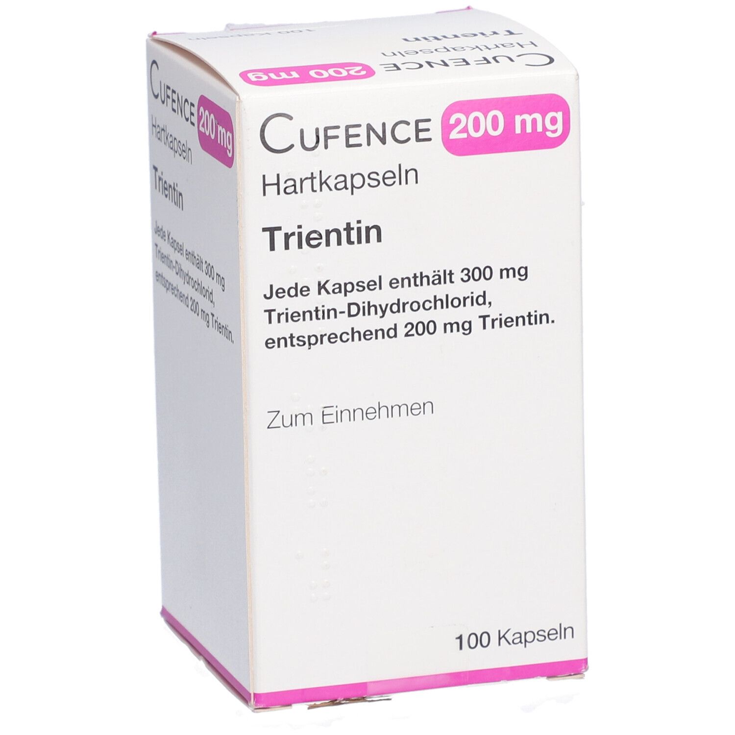 Weiße Schachtel mit Aufschrift CUFENCE 200 mg Hartkapseln Trientin. Enthält 100 Kapseln. Rosa Akzente.