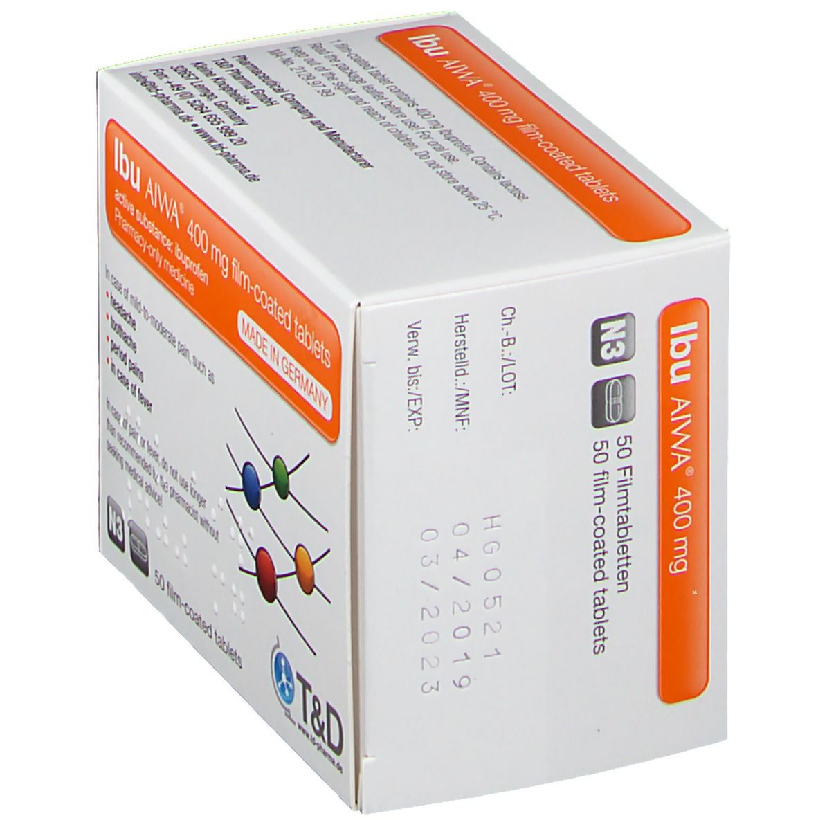 Schachtel Ibu AIWA 400 mg Filmtabletten. Seitenansicht. Weiß, orangefarbene Akzente. Text: Ibuprofen, 50 Filmtabletten.